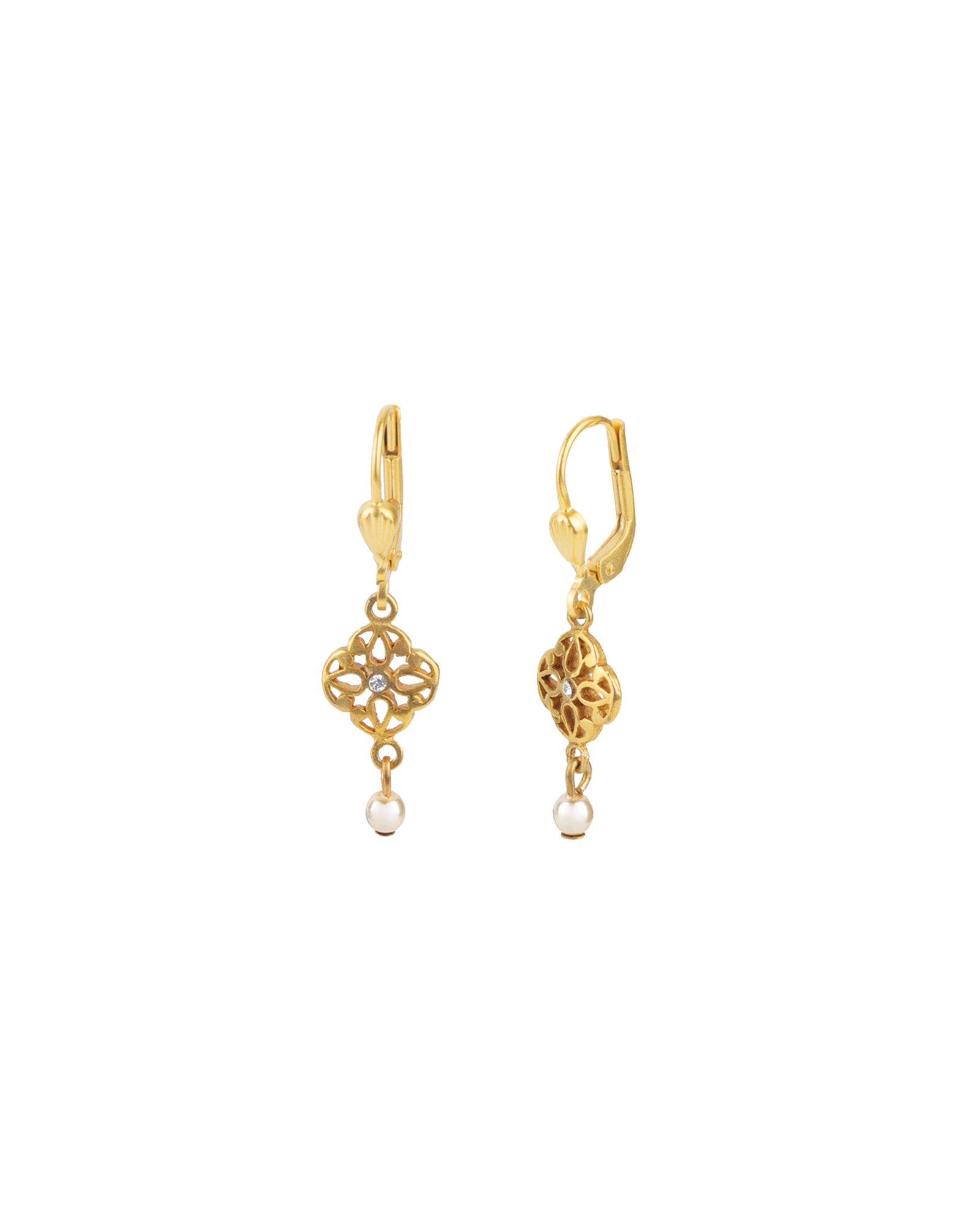 La Vie Parisienne-Filigree Pearl Drop Hooks-Earrings-14k Gold Plated, White Crystal, White Pearl-Blue Ruby Jewellery-Vancouver Canada