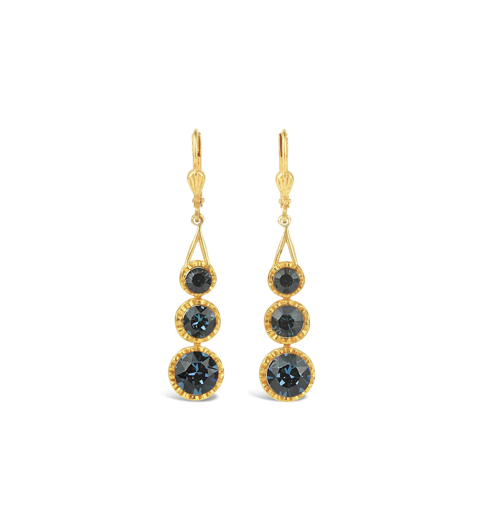 La Vie Parisienne-Three Round Crystal Hooks-Earrings-14k Gold Plated, Midnight Crystal-Blue Ruby Jewellery-Vancouver Canada