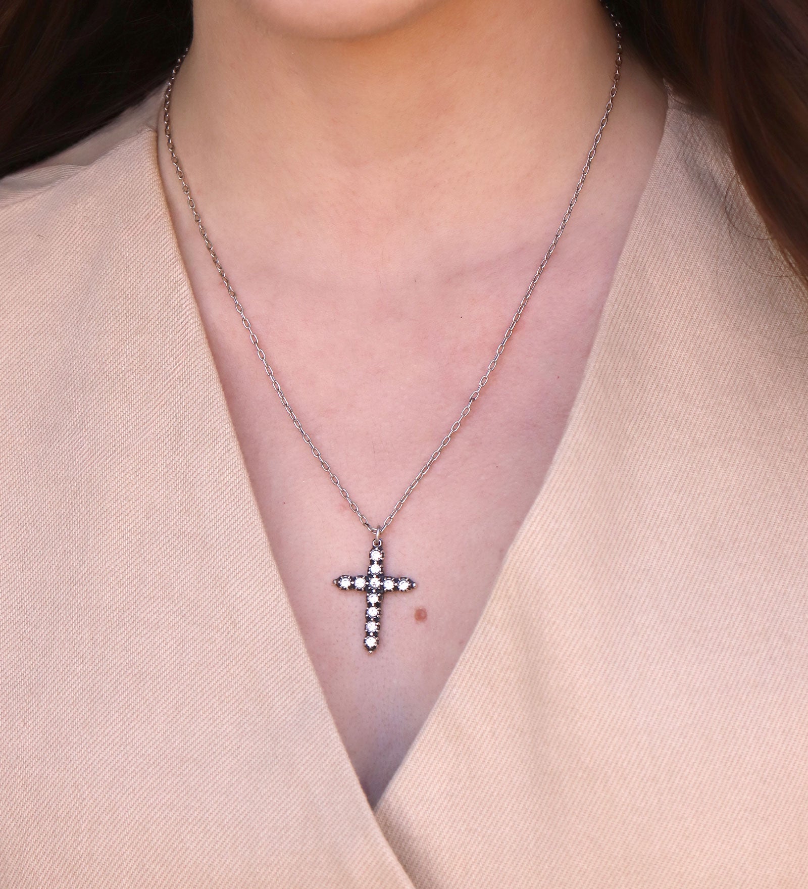 La Vie Parisienne-Cross Necklace-Necklaces-Silver Plated, White Crystal-Blue Ruby Jewellery-Vancouver Canada