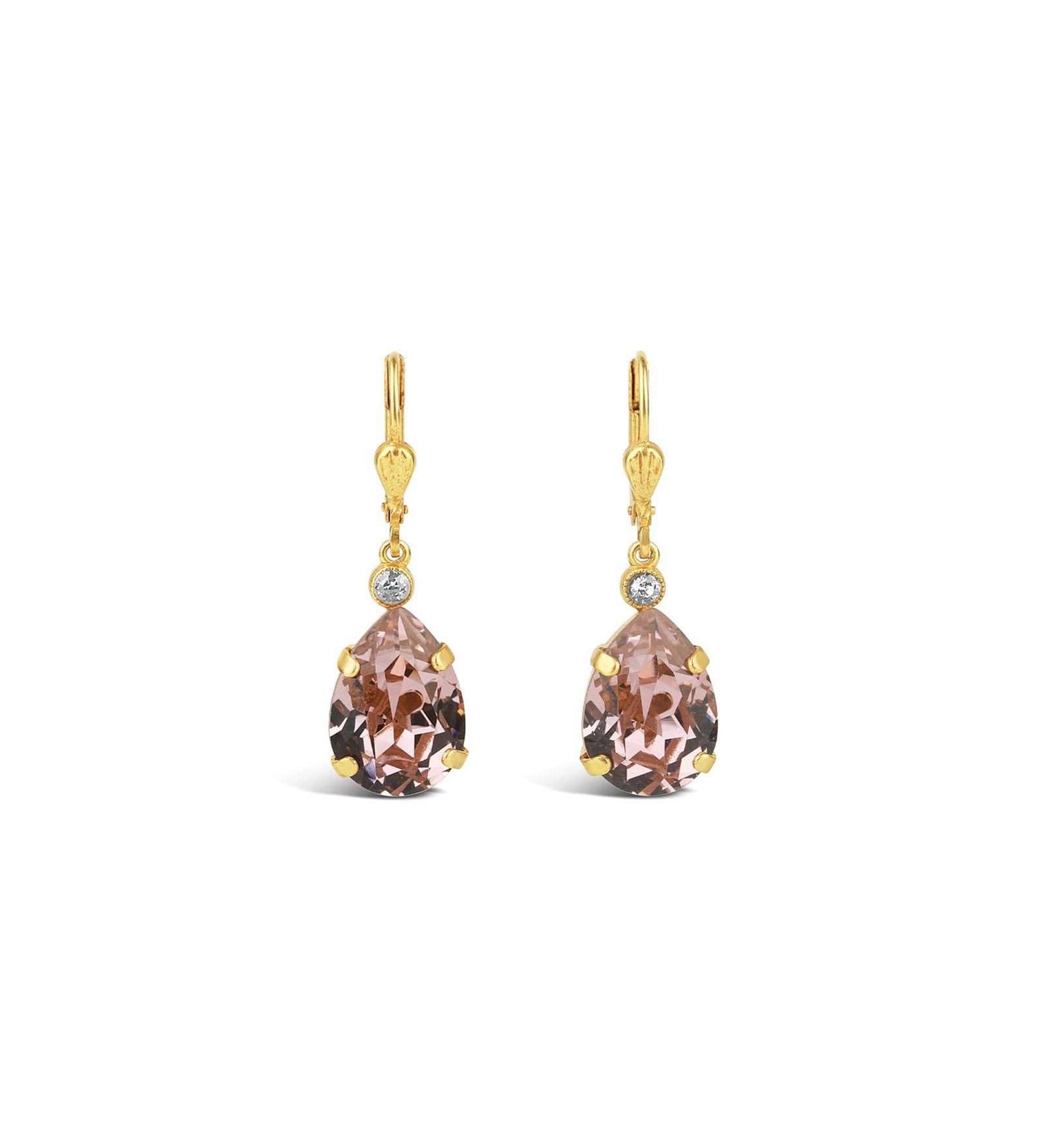 La Vie Parisienne-Teardrop Crystal Hooks-Earrings-14k Gold Plated, Blush Crystal-Blue Ruby Jewellery-Vancouver Canada