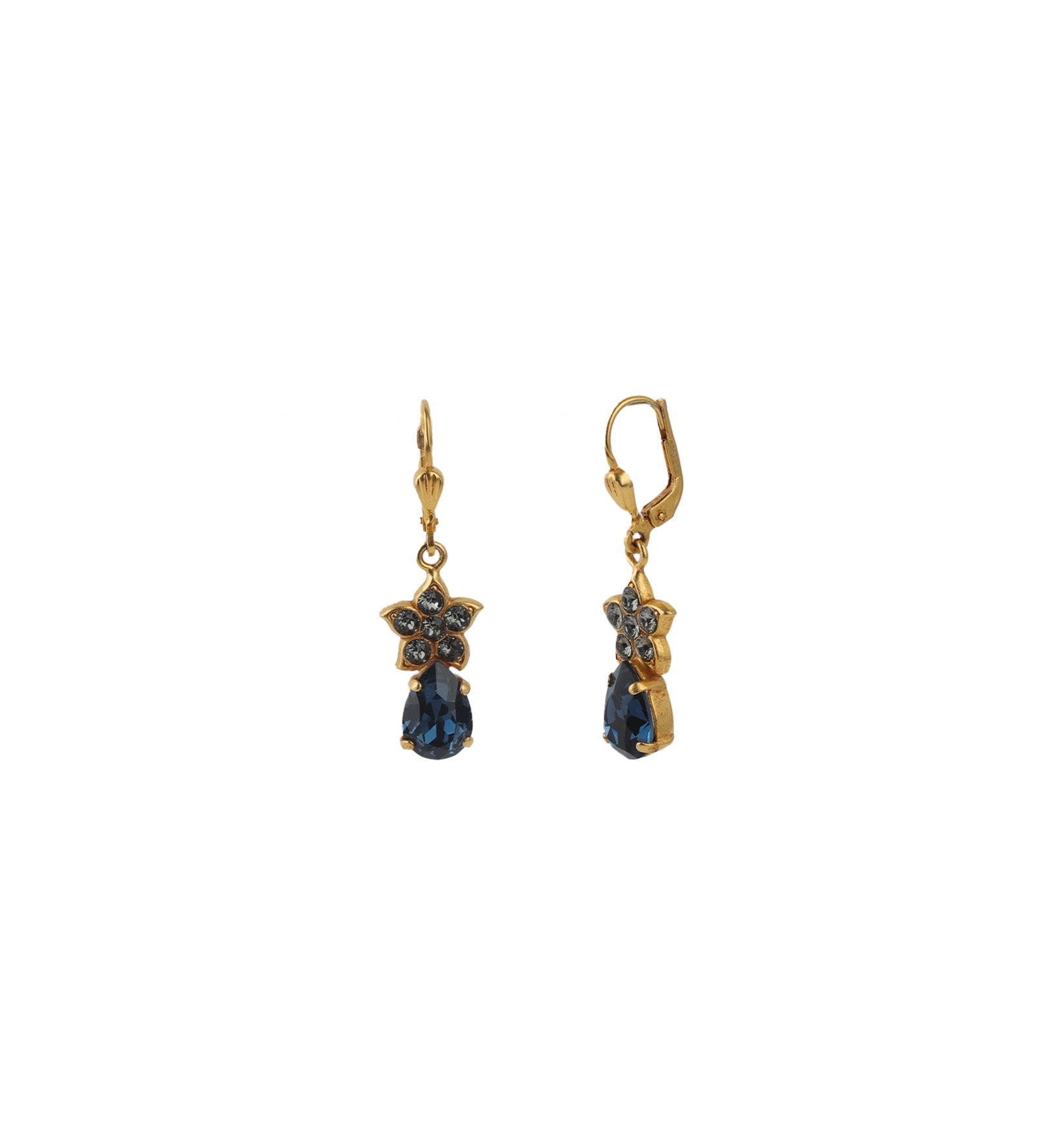 Flower Teardrop Hooks | 12mm 14k Gold Plated, Midnight Crystal