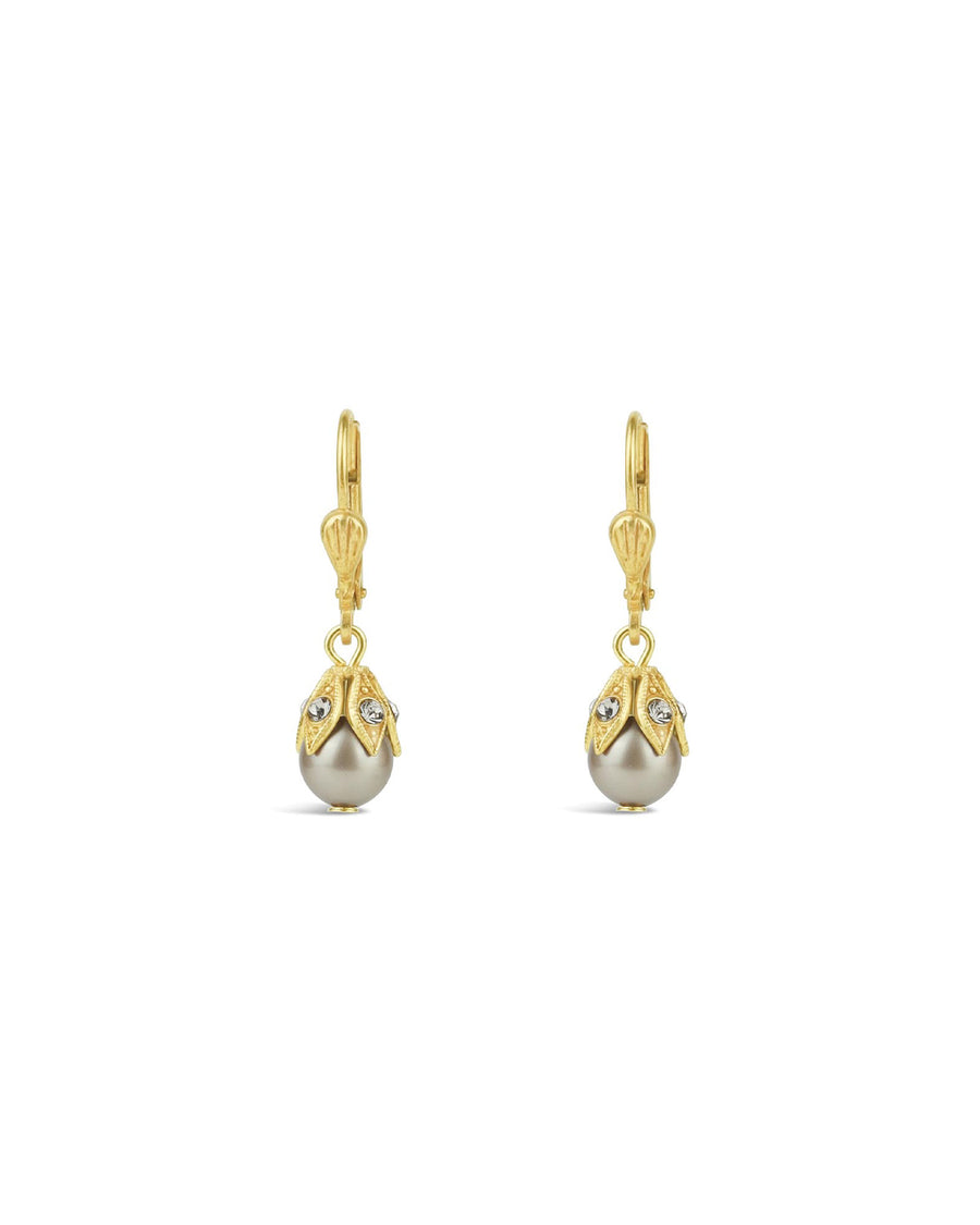 La Vie Parisienne-Leaf Cap Drop Hooks-Earrings-14k Gold Plated, Patina Pearl-Blue Ruby Jewellery-Vancouver Canada