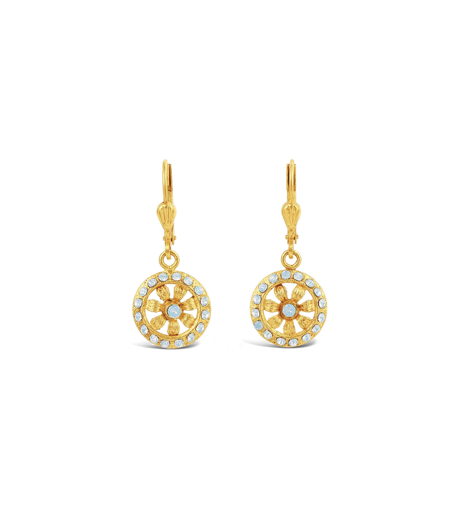 La Vie Parisienne-Flower Halo Crystal Hooks-Earrings-14k Gold Plated, White Opal Crystal-Blue Ruby Jewellery-Vancouver Canada