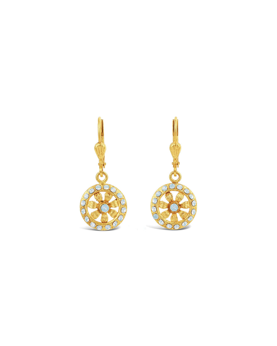 La Vie Parisienne-Flower Halo Crystal Hooks-Earrings-14k Gold Plated, White Opal Crystal-Blue Ruby Jewellery-Vancouver Canada