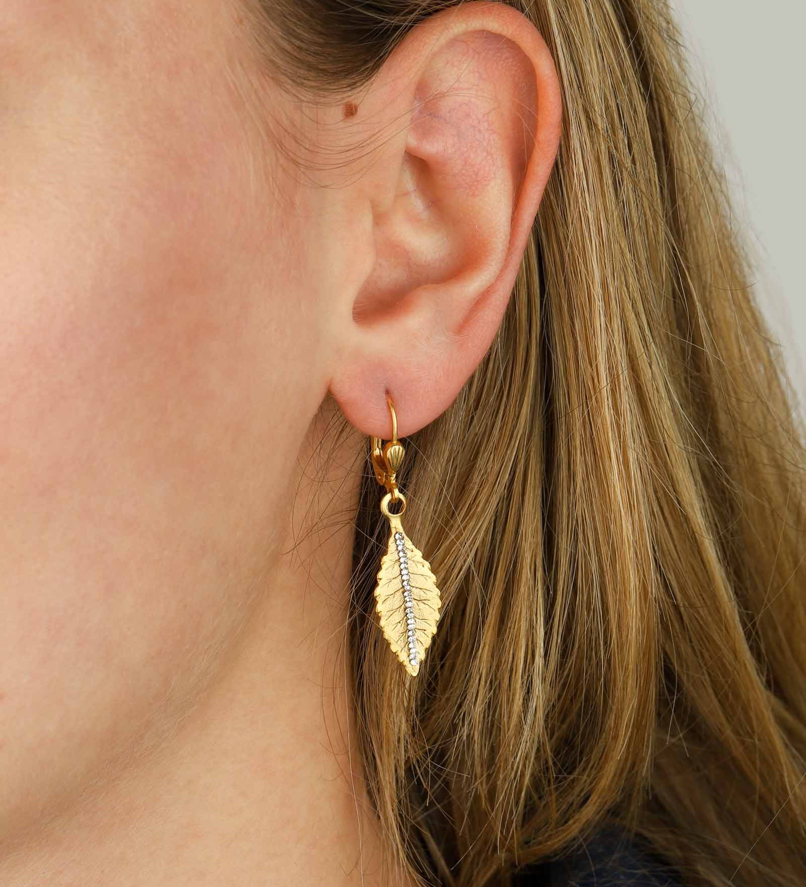 Leaf Crystal Line Hooks 14k Gold Plated, White Crystal