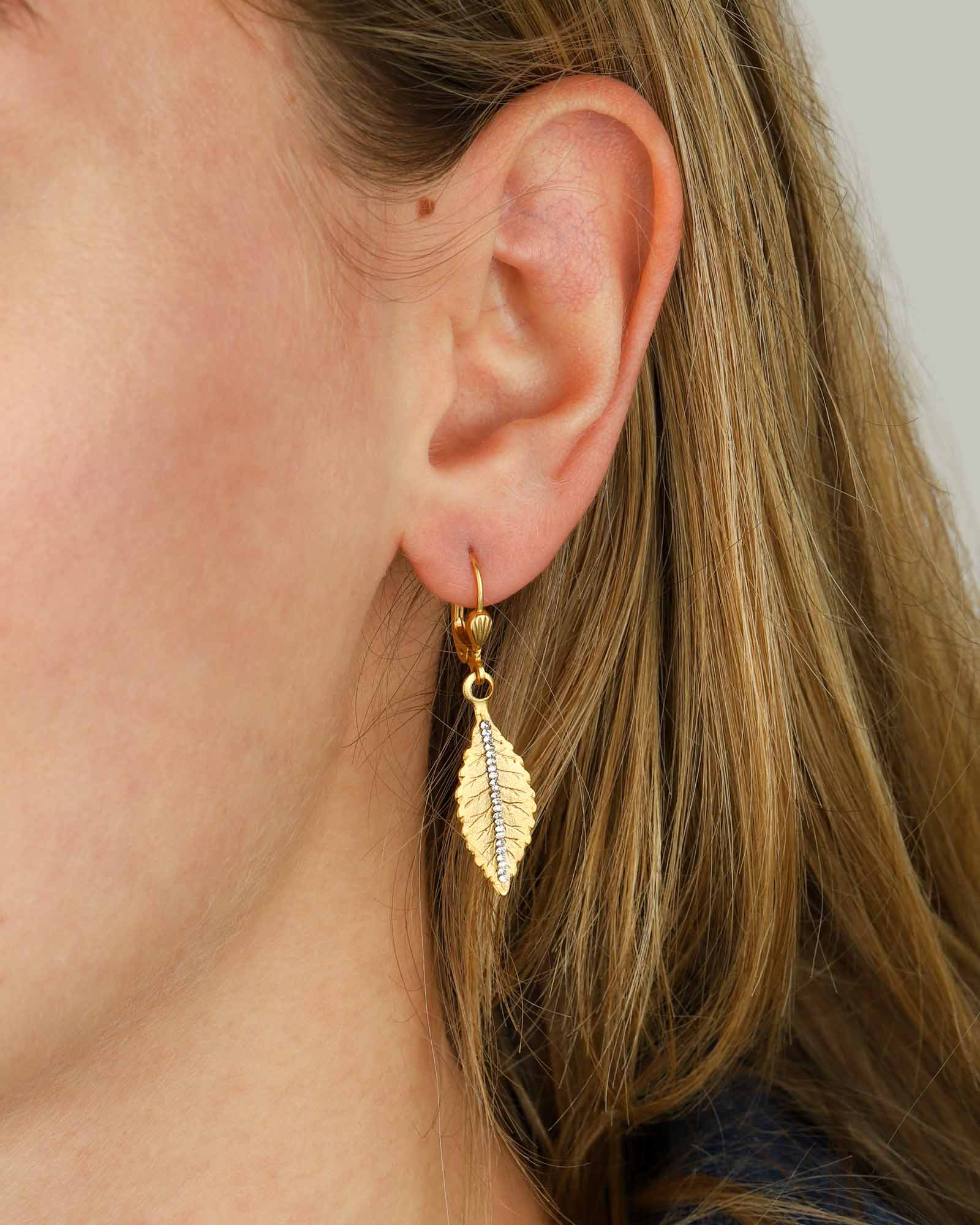 Leaf Crystal Line Hooks 14k Gold Plated, White Crystal