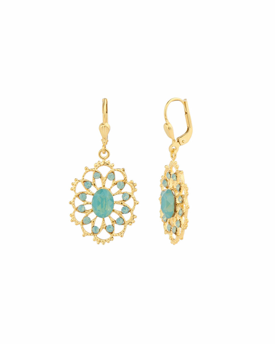 La Vie Parisienne-Oval Filigree Hooks-Earrings-14k Gold Plated, Pacific Opal Crystal-Blue Ruby Jewellery-Vancouver Canada