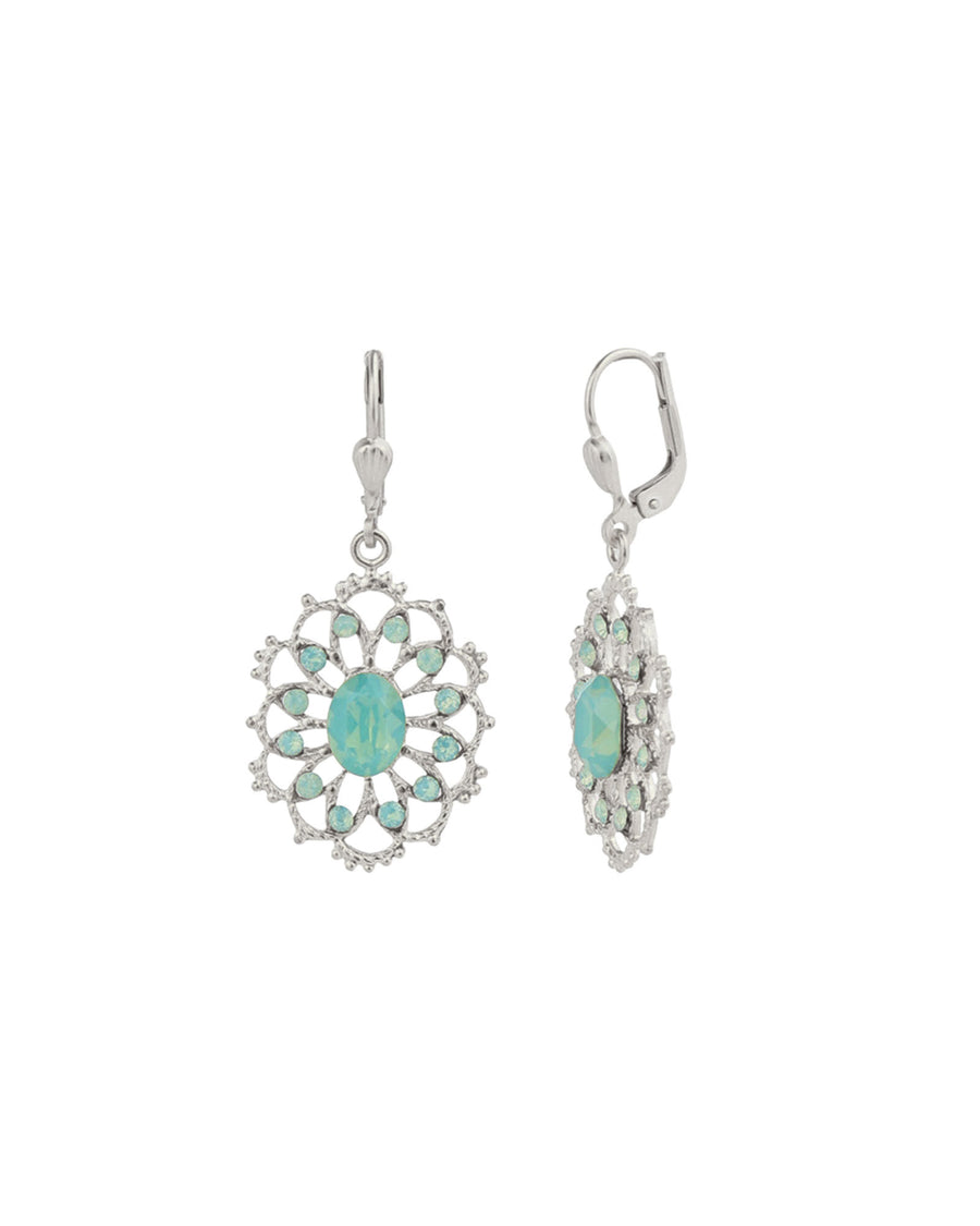 La Vie Parisienne-Oval Filigree Crystal Hooks-Earrings-Sterling Silver Plated, Pacific Opal Crystal-Blue Ruby Jewellery-Vancouver Canada