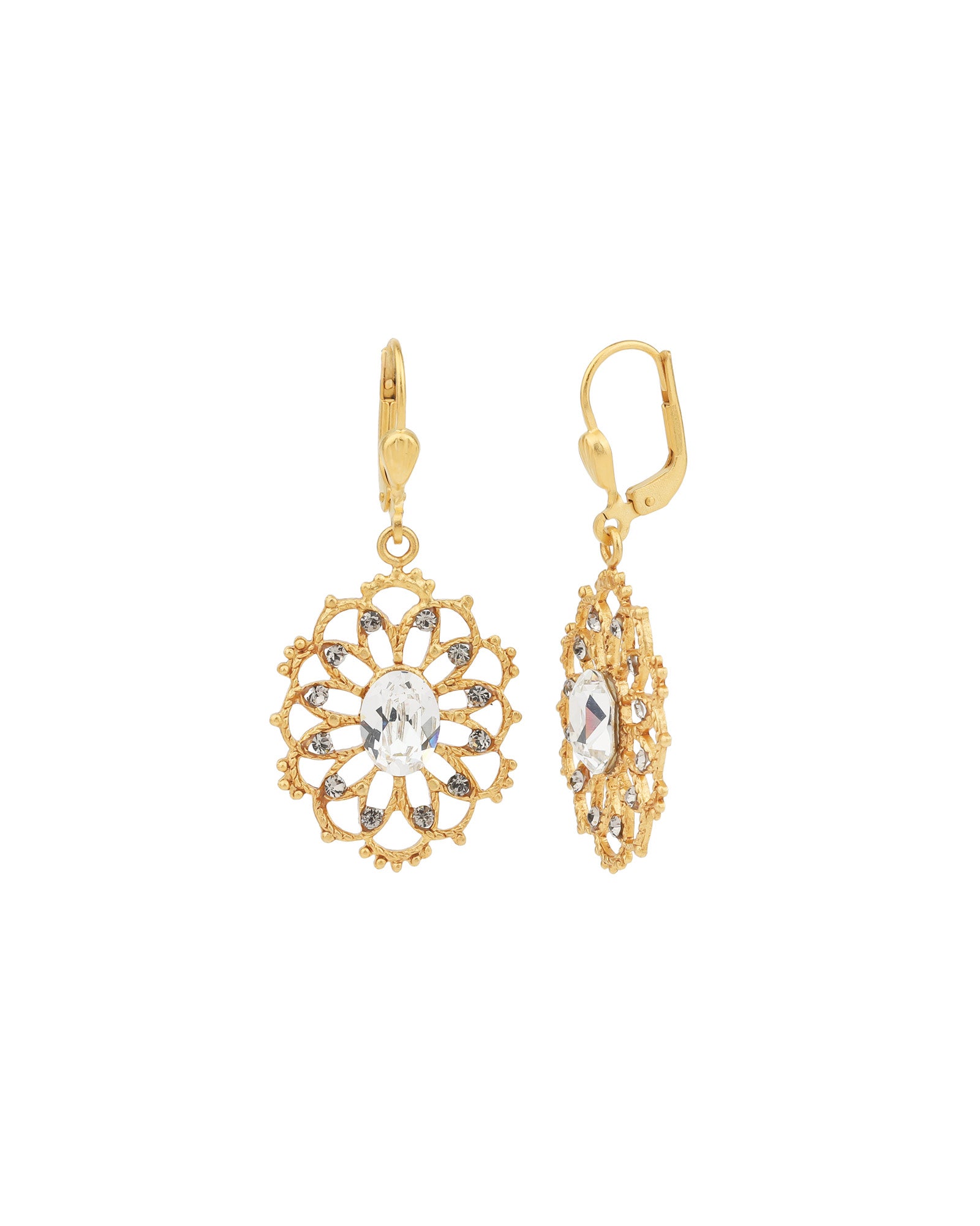 Oval Filigree Hooks 14k Gold Plated, White Crystal