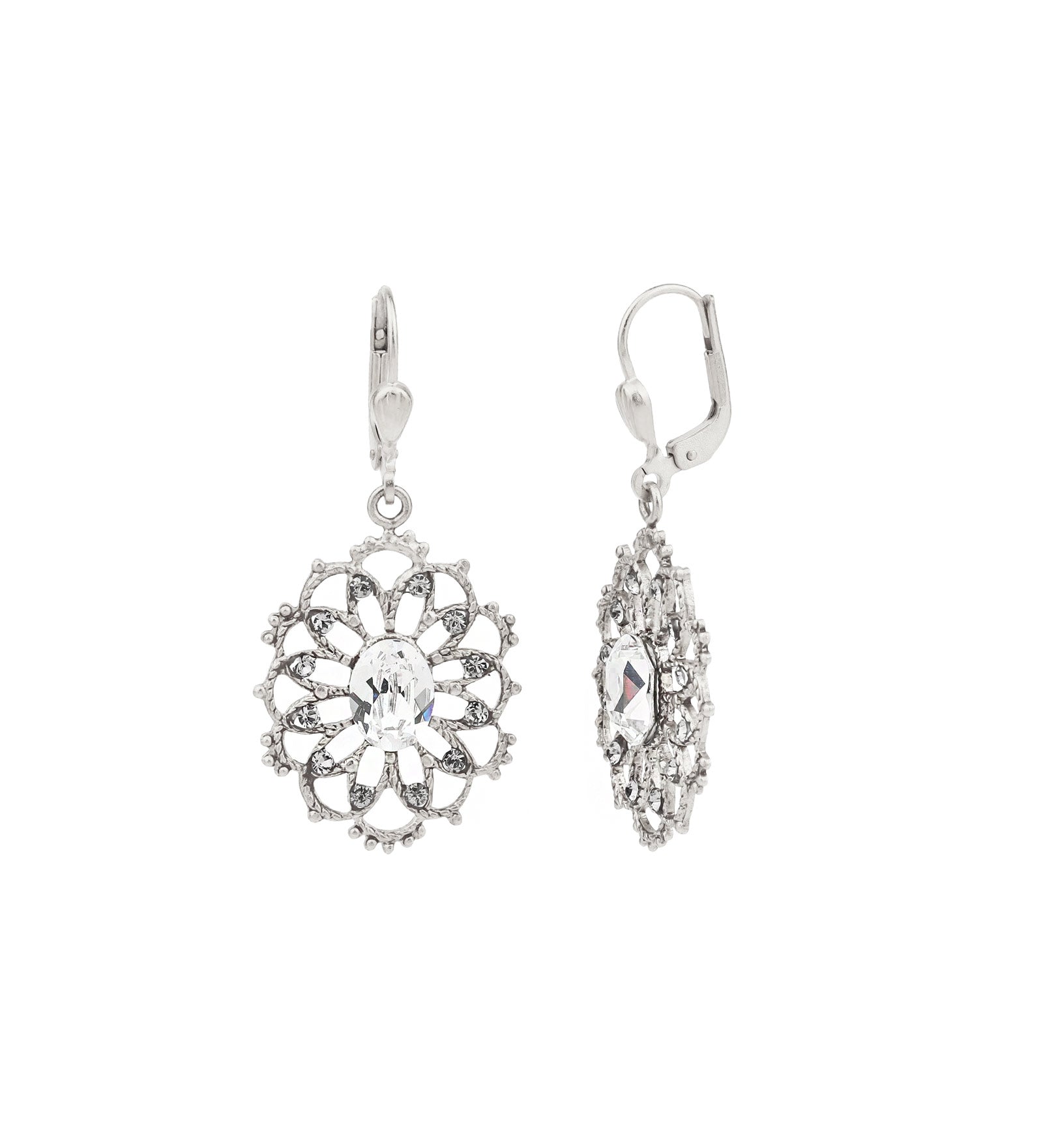 La Vie Parisienne-Oval Filigree Crystal Hooks-Earrings-Sterling Silver Plated, White Crystal-Blue Ruby Jewellery-Vancouver Canada