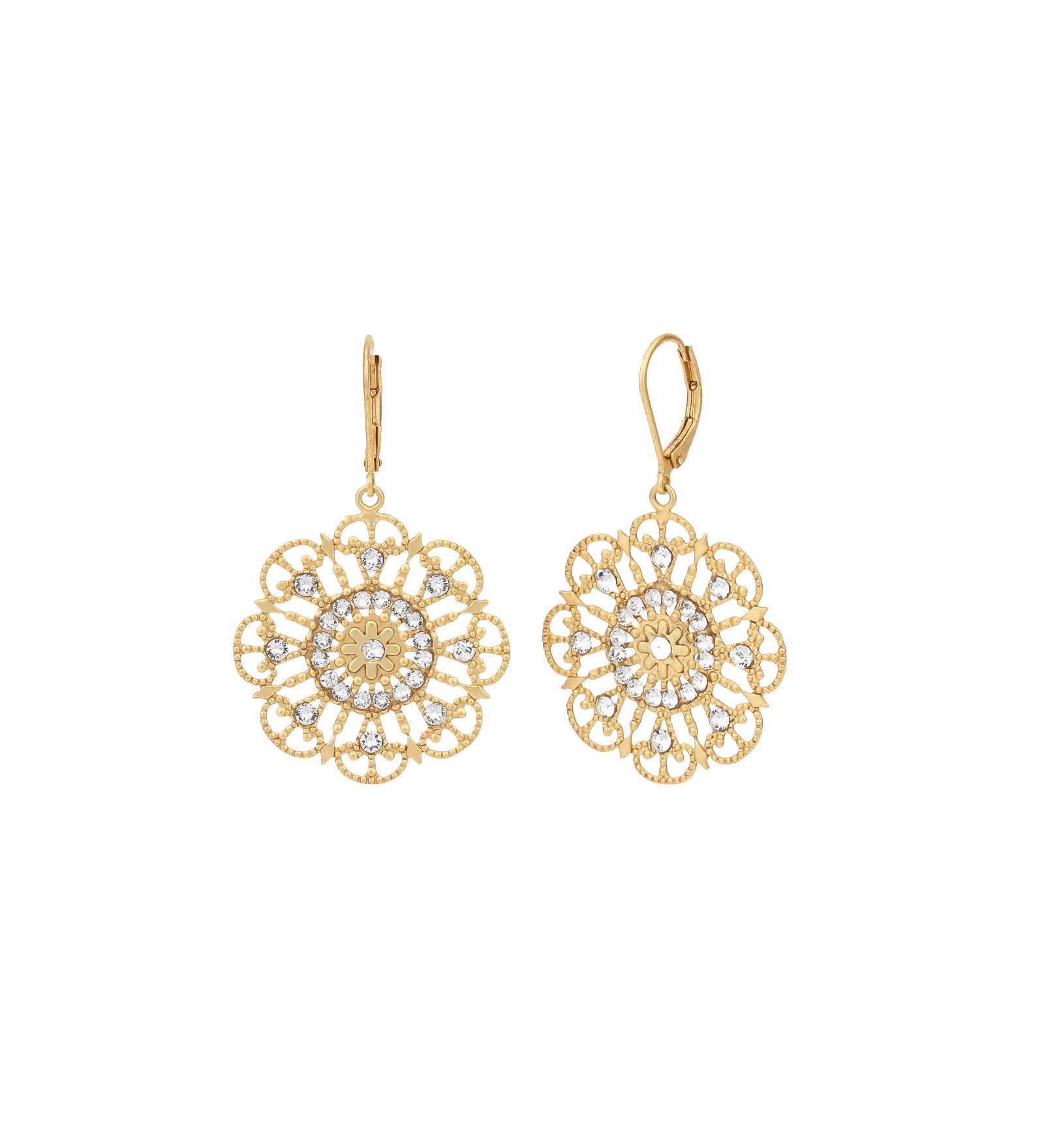 Large Filigree Flower Hooks 14k Gold Plated, White Crystal