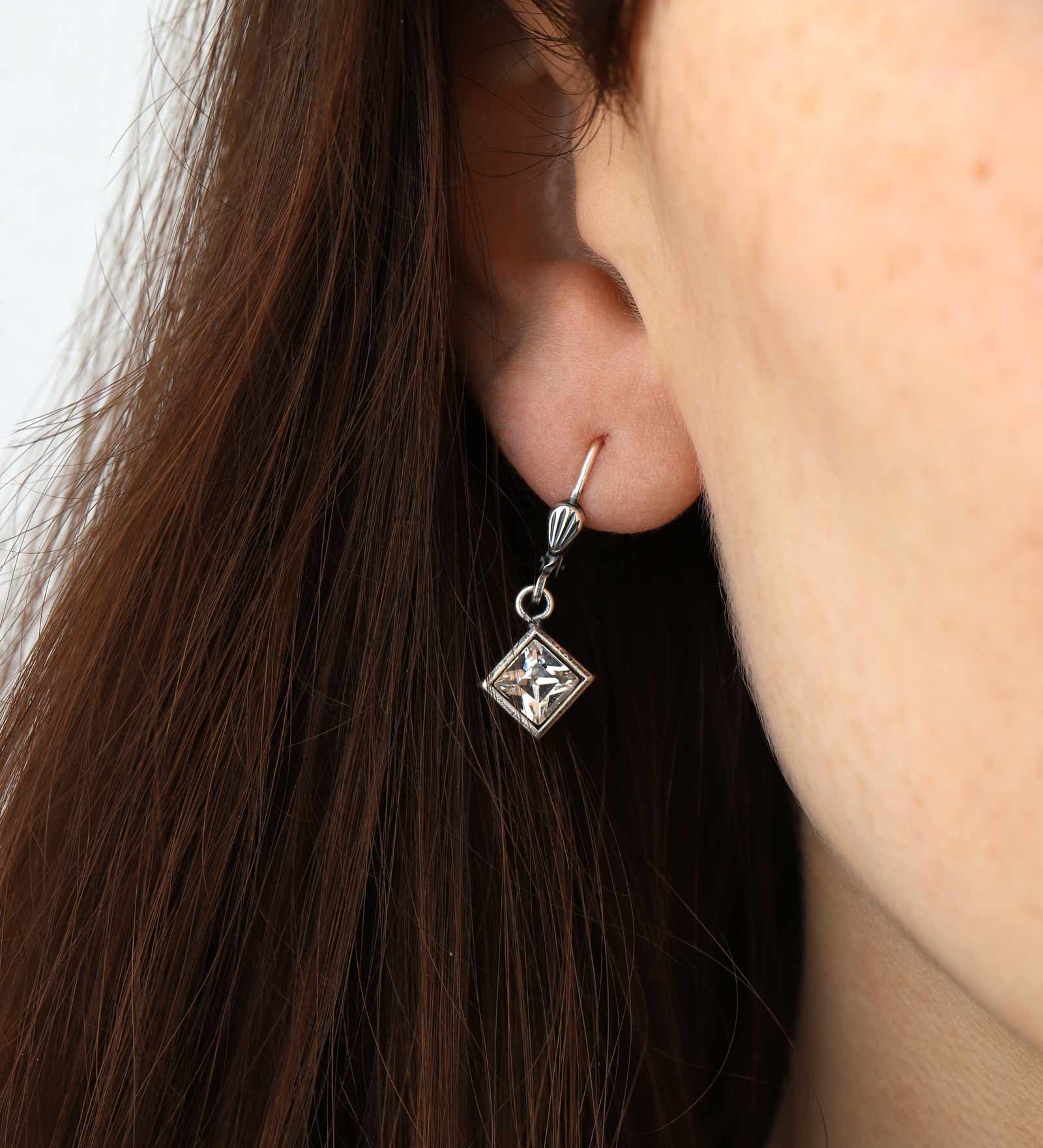 La Vie Parisienne-Square Crystal Drop Hooks-Earrings-Silver Plated, White Crystal-Blue Ruby Jewellery-Vancouver Canada