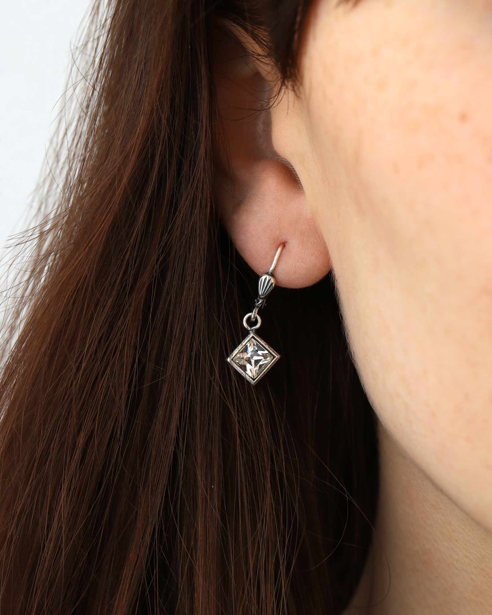 La Vie Parisienne-Square Crystal Drop Hooks-Earrings-Silver Plated, White Crystal-Blue Ruby Jewellery-Vancouver Canada