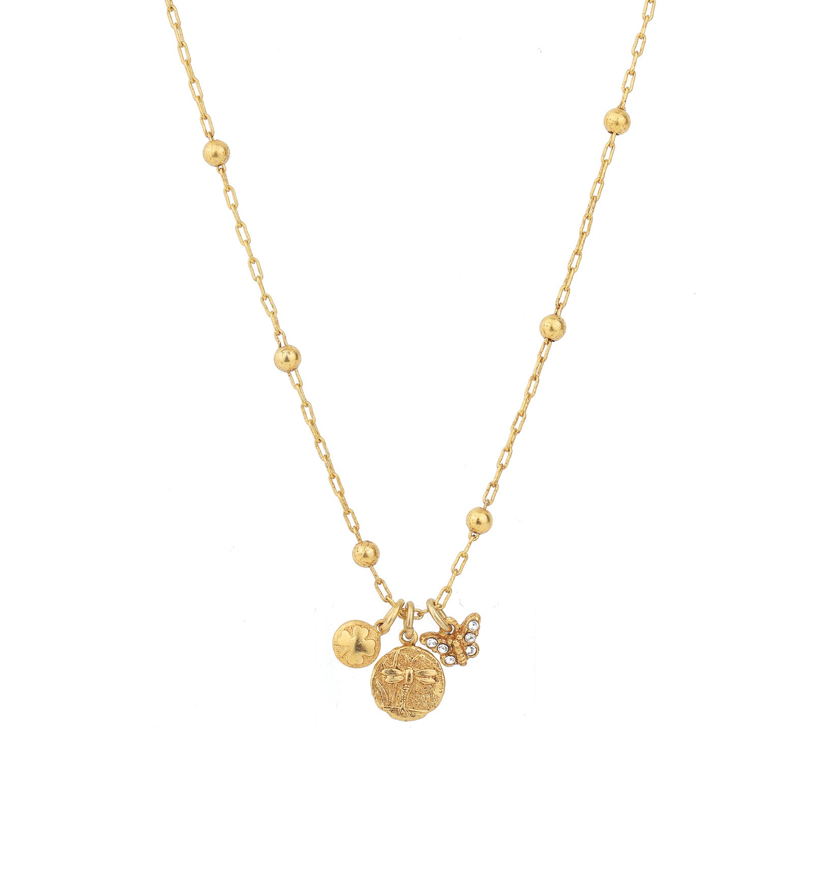 Dragonfly Charm Necklace 14k Gold Plated, White Crystal