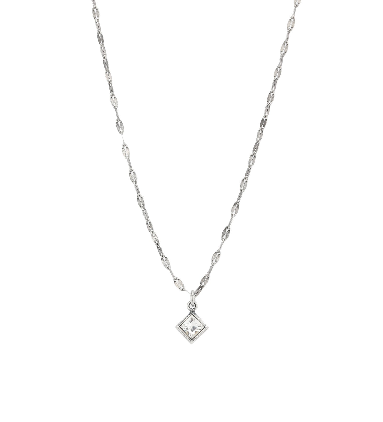 Square Crystal Drop Necklace Sterling Silver Plated, White Crystal