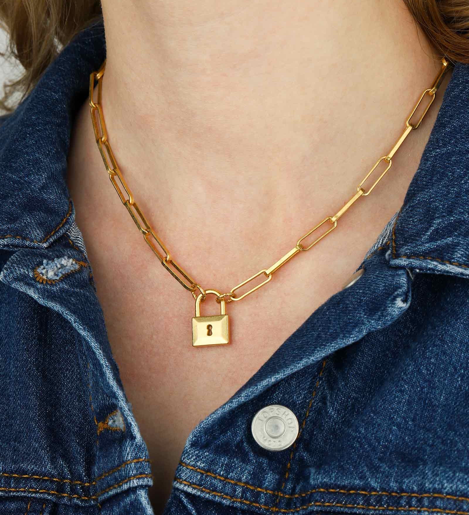 Padlock Paperclip Chain Necklace 14k Gold Plated