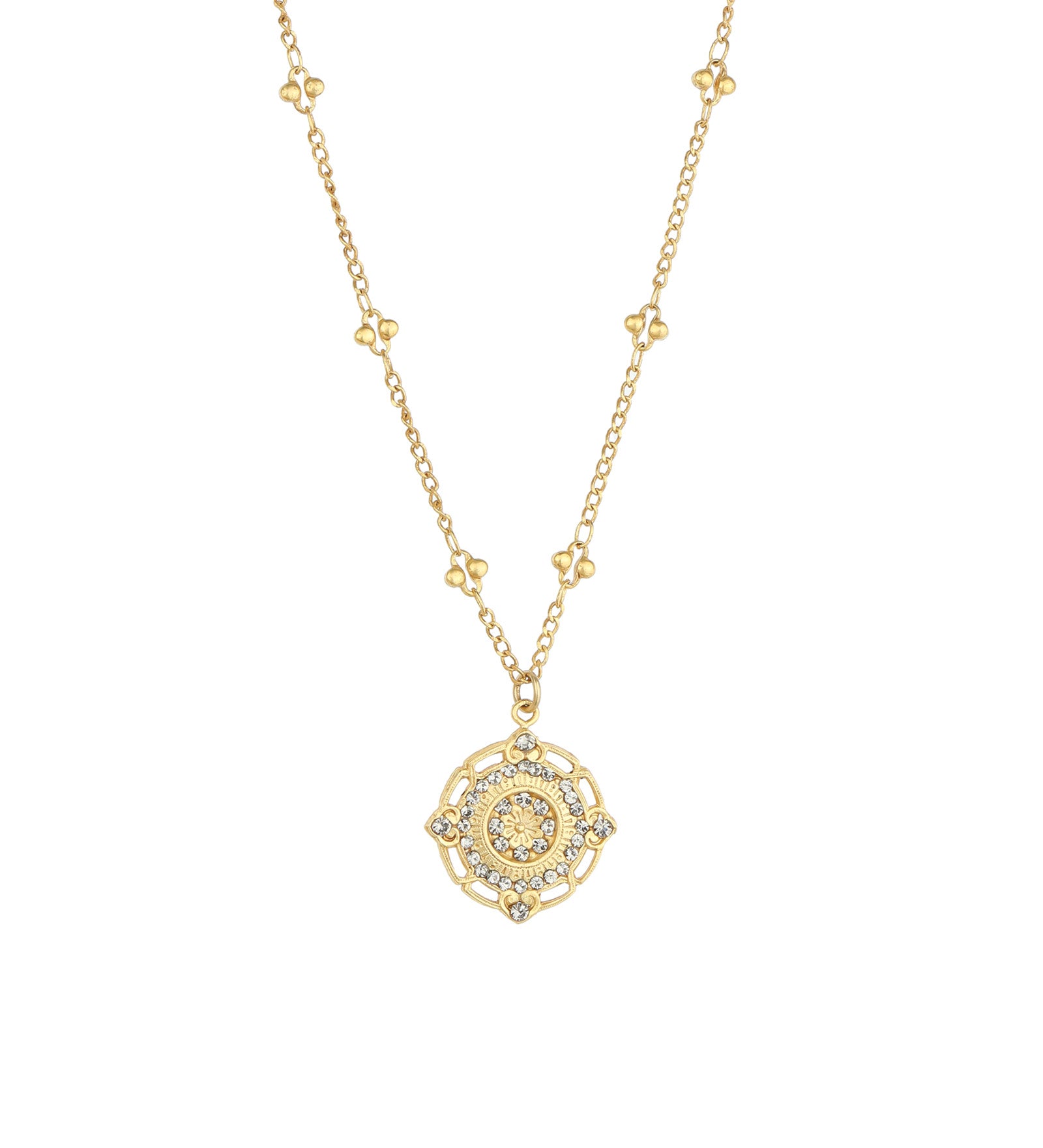 Round Filigree Flower Necklace 14k Gold Plated, Black Diamond Crystal