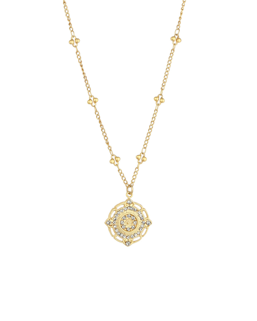 Round Filigree Flower Necklace 14k Gold Plated, Black Diamond Crystal