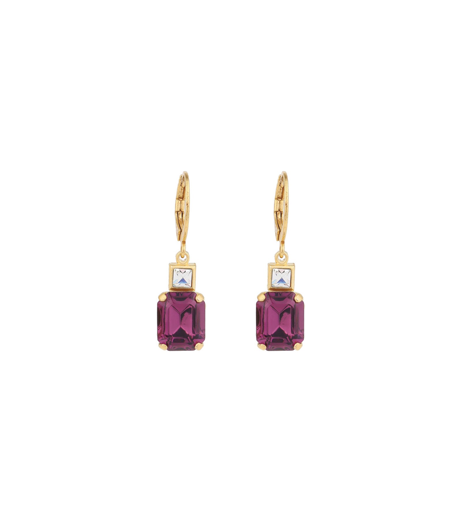 La Vie Parisienne-Rectangle Crystal Hooks-Earrings-14k Gold Plated, Amethyst Crystal-Blue Ruby Jewellery-Vancouver Canada