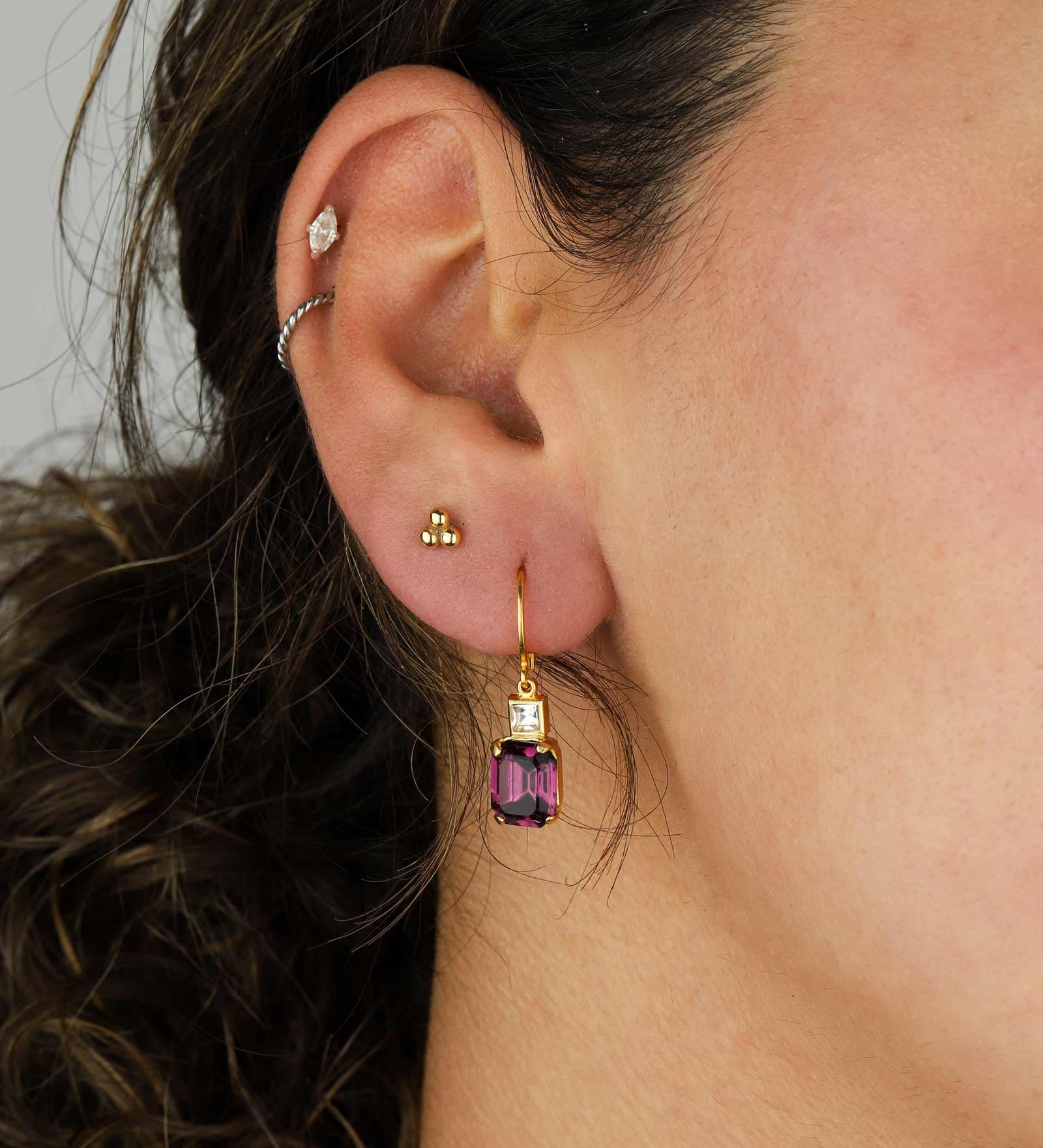 La Vie Parisienne-Rectangle Crystal Hooks-Earrings-14k Gold Plated, Amethyst Crystal-Blue Ruby Jewellery-Vancouver Canada