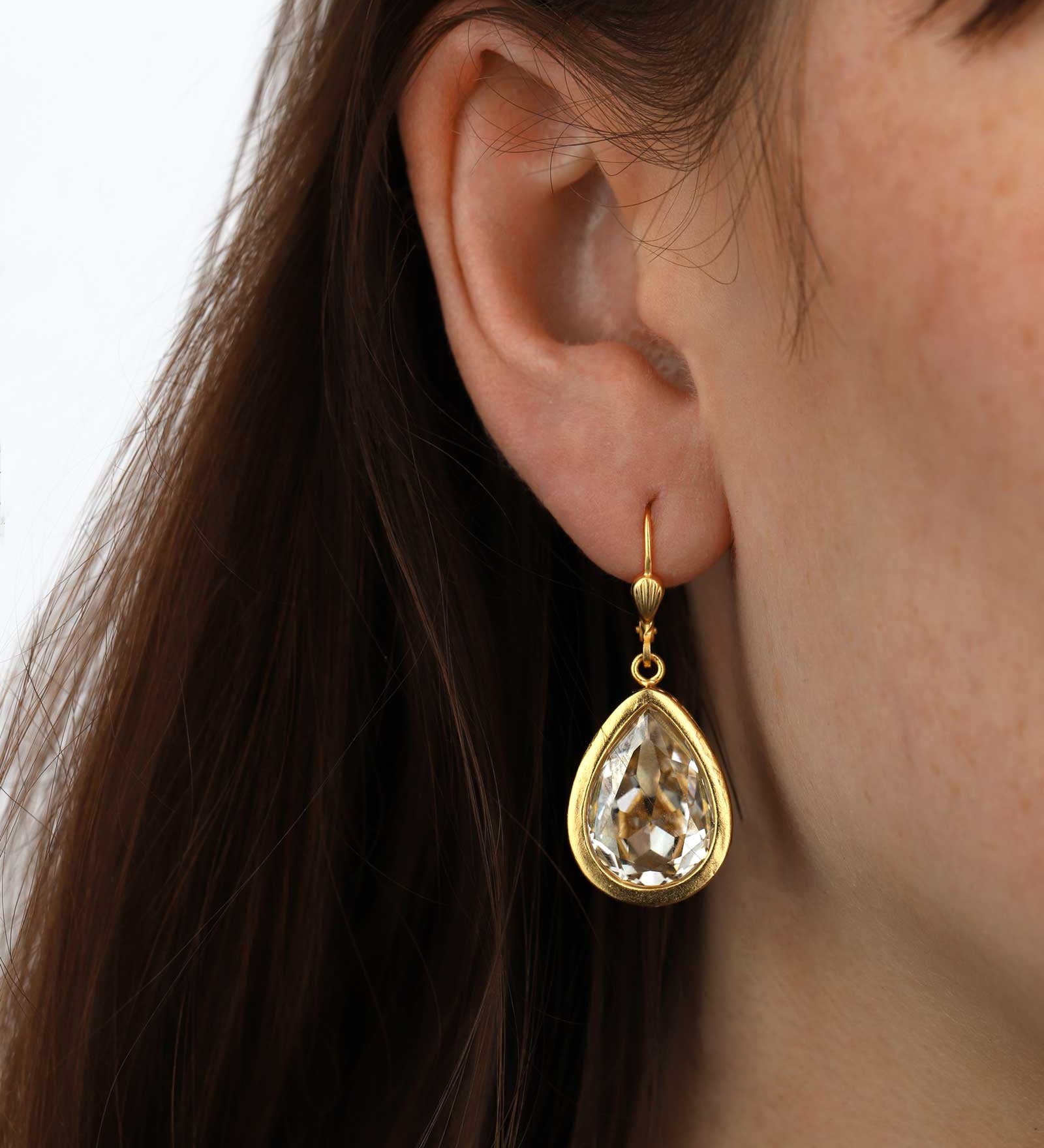 La Vie Parisienne-Large Teardrop Bezel Hooks-Earrings-14k Gold Plated, Shade Crystal-Blue Ruby Jewellery-Vancouver Canada