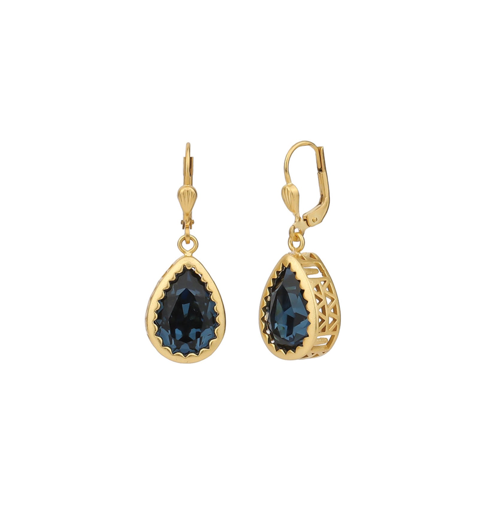 La Vie Parisienne-Filigree Bezel Teardrop Hooks-Earrings-14k Gold Plated, Midnight Crystal-Blue Ruby Jewellery-Vancouver Canada