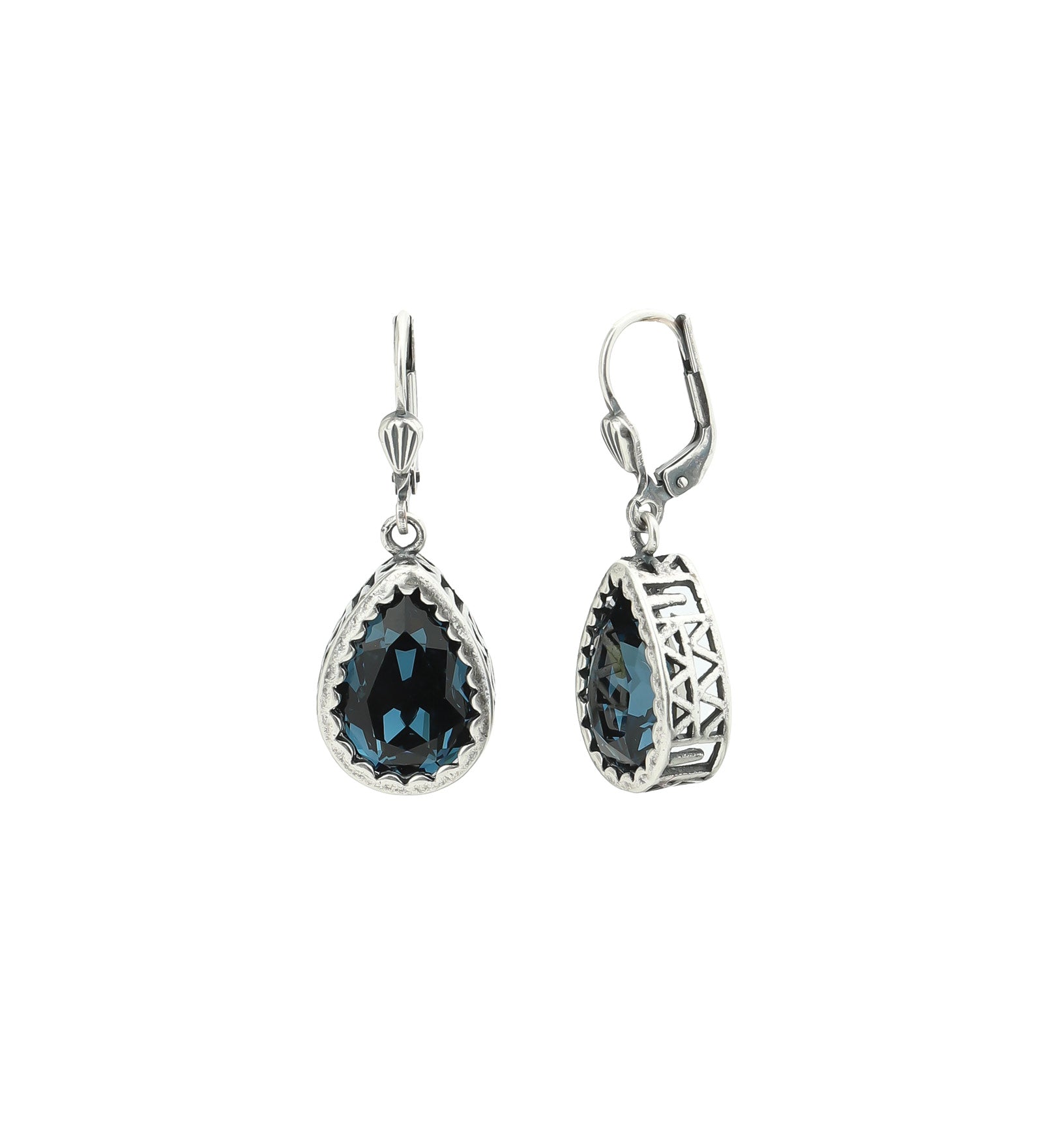 La Vie Parisienne-Filigree Bezel Teardrop Hooks-Earrings-Silver Plated, Midnight Crystal-Blue Ruby Jewellery-Vancouver Canada