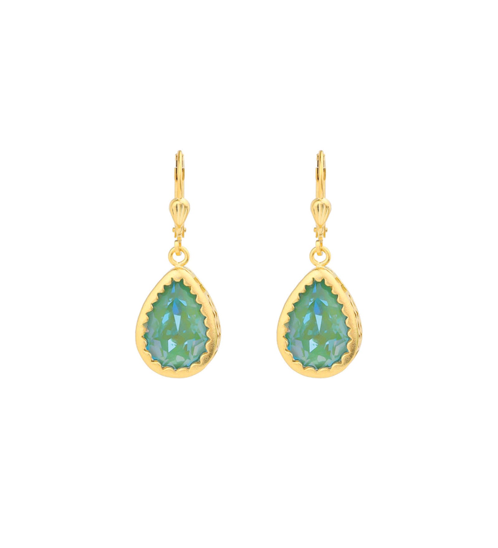 La Vie Parisienne-Filigree Bezel Teardrop Hooks-Earrings-14k Gold Plated, Silky Sage Crystal-Blue Ruby Jewellery-Vancouver Canada