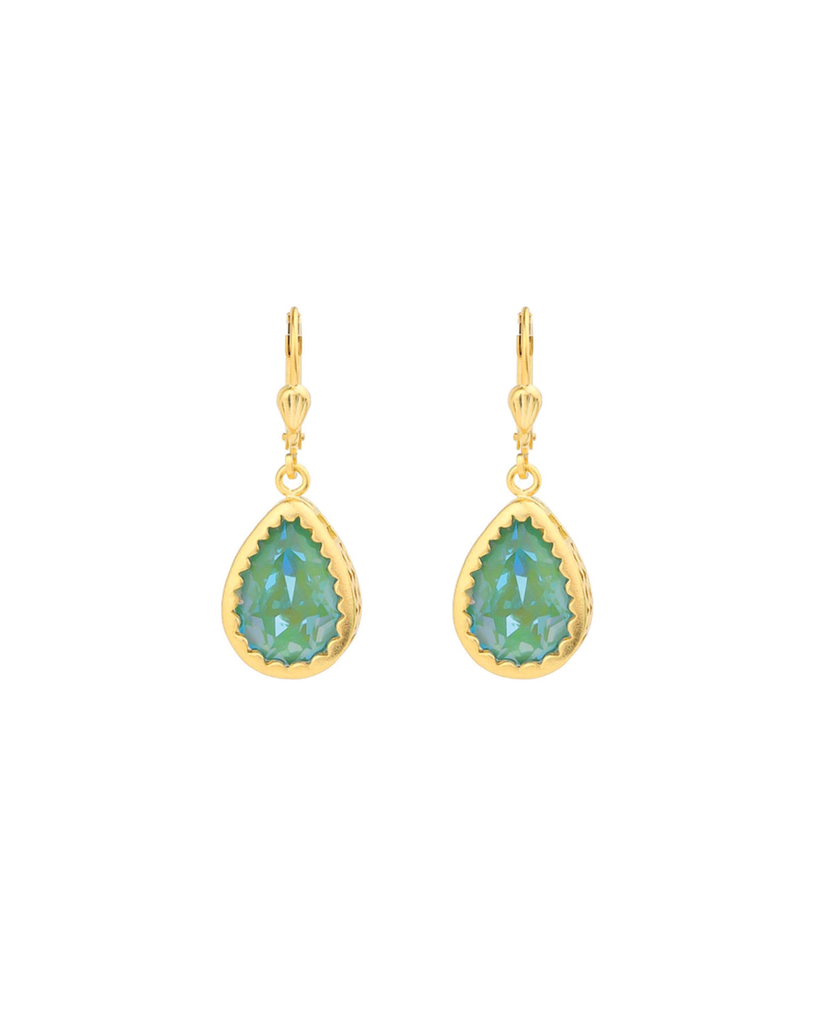 La Vie Parisienne-Filigree Bezel Teardrop Hooks-Earrings-14k Gold Plated, Silky Sage Crystal-Blue Ruby Jewellery-Vancouver Canada