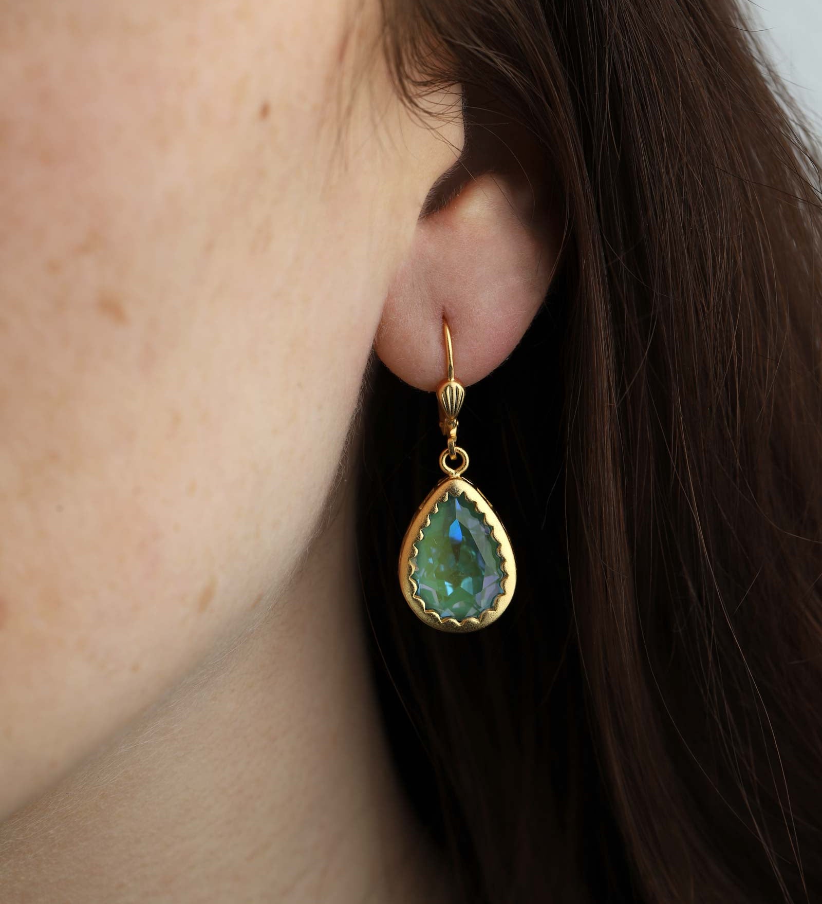 La Vie Parisienne-Filigree Bezel Teardrop Hooks-Earrings-14k Gold Plated, Sage Crystal-Blue Ruby Jewellery-Vancouver Canada