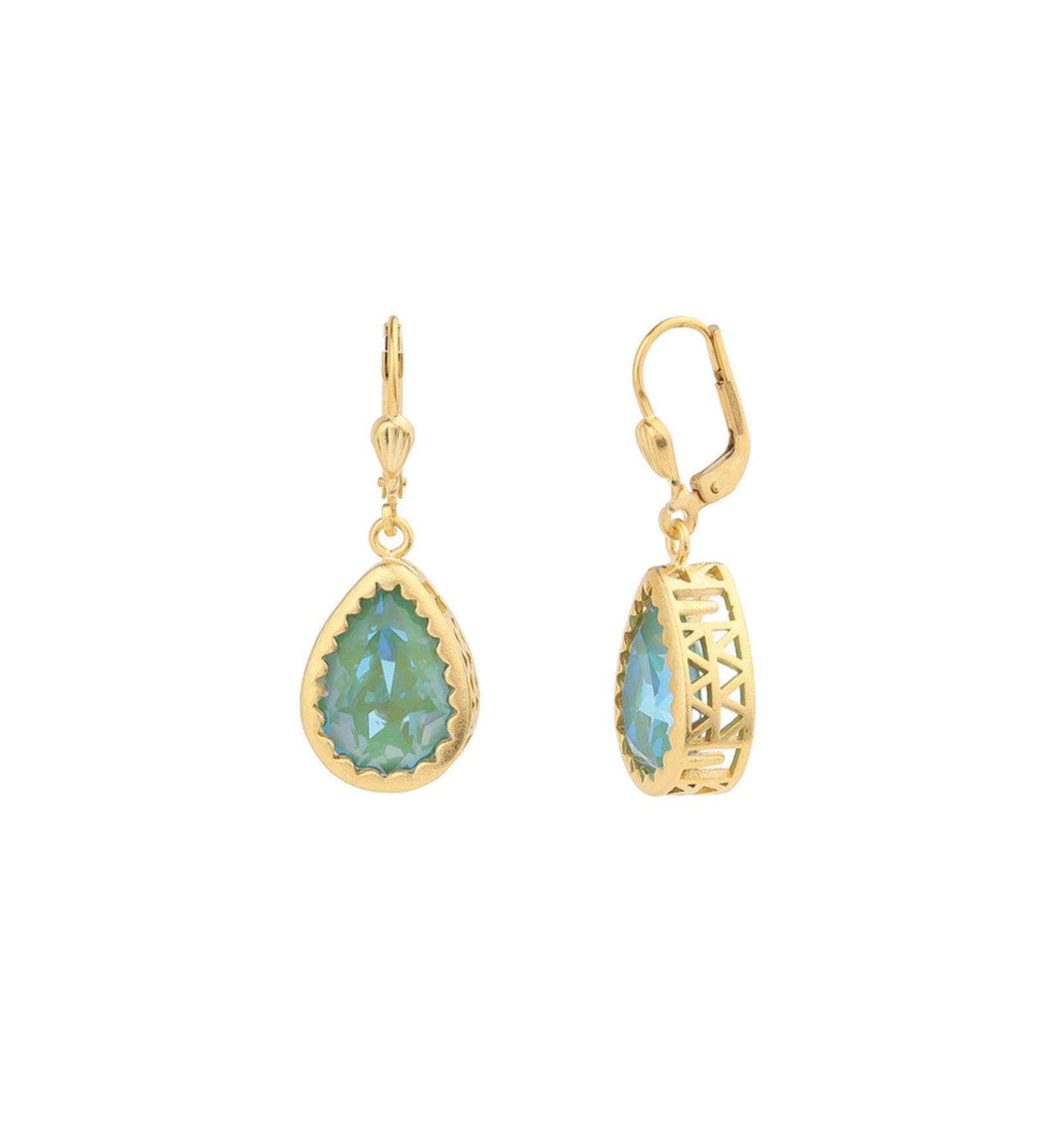 La Vie Parisienne-Filigree Bezel Teardrop Hooks-Earrings-14k Gold Plated, Sage Crystal-Blue Ruby Jewellery-Vancouver Canada