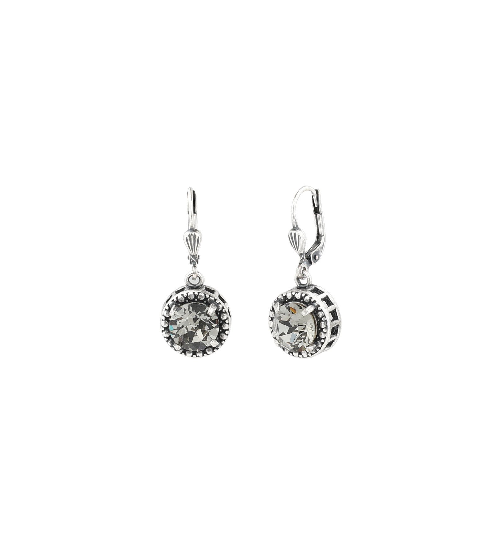 La Vie Parisienne-Dot Bezel Round Crystal Hooks-Earrings-Silver Plated, Black Diamond Crystal-Blue Ruby Jewellery-Vancouver Canada