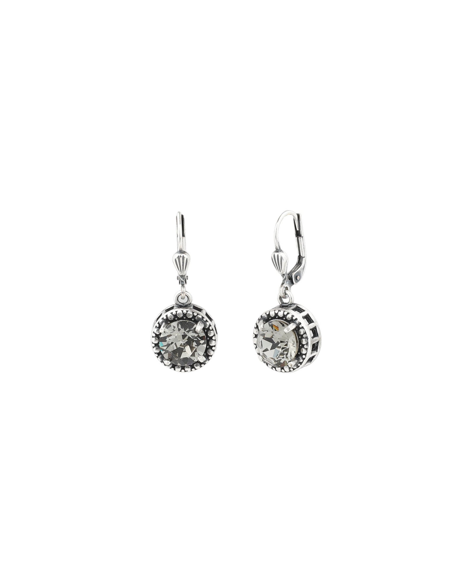 La Vie Parisienne-Dot Bezel Round Crystal Hooks-Earrings-Silver Plated, Black Diamond Crystal-Blue Ruby Jewellery-Vancouver Canada