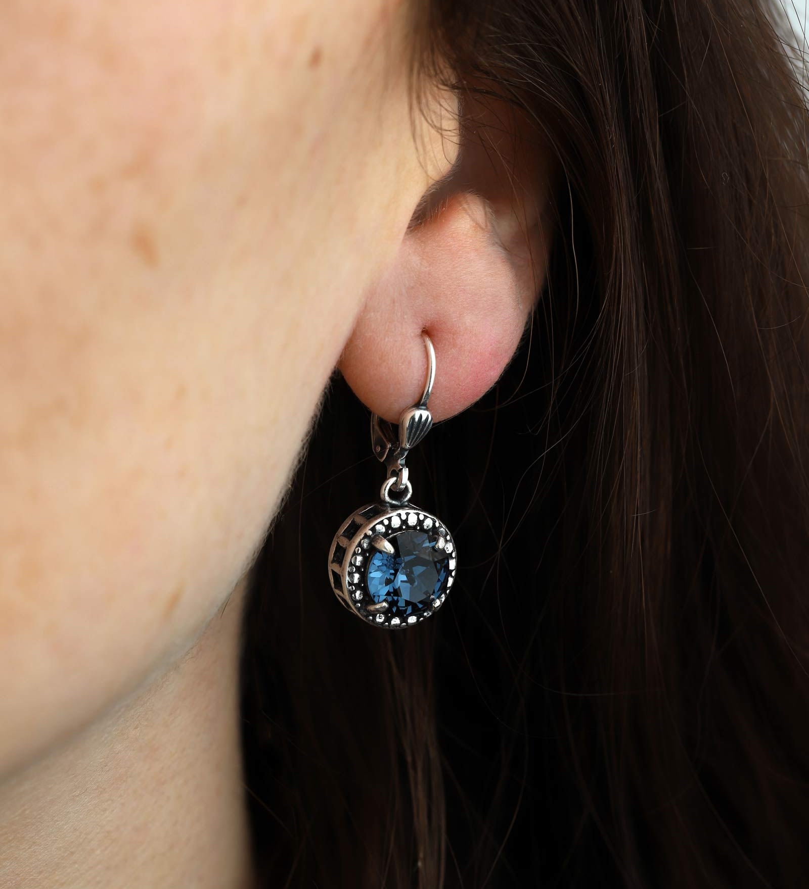 La Vie Parisienne-Dot Bezel Round Crystal Hooks-Earrings-Silver Plated, Midnight Crystal-Blue Ruby Jewellery-Vancouver Canada