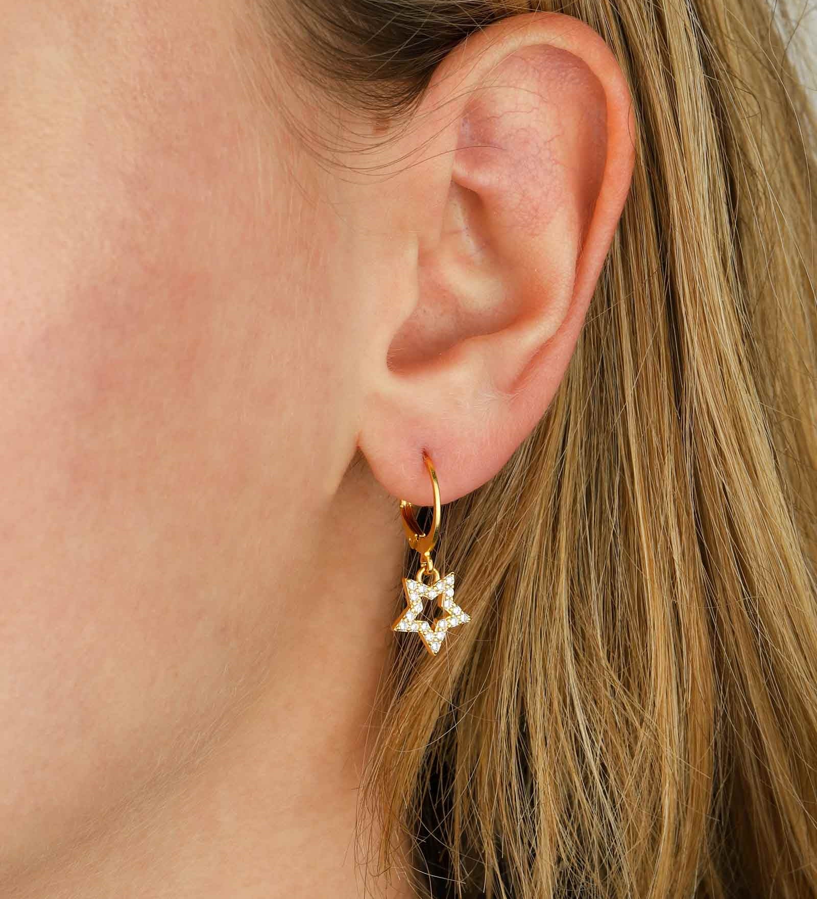 Pave Cut Out Star Hooks 14k Gold Plated, White Crystal