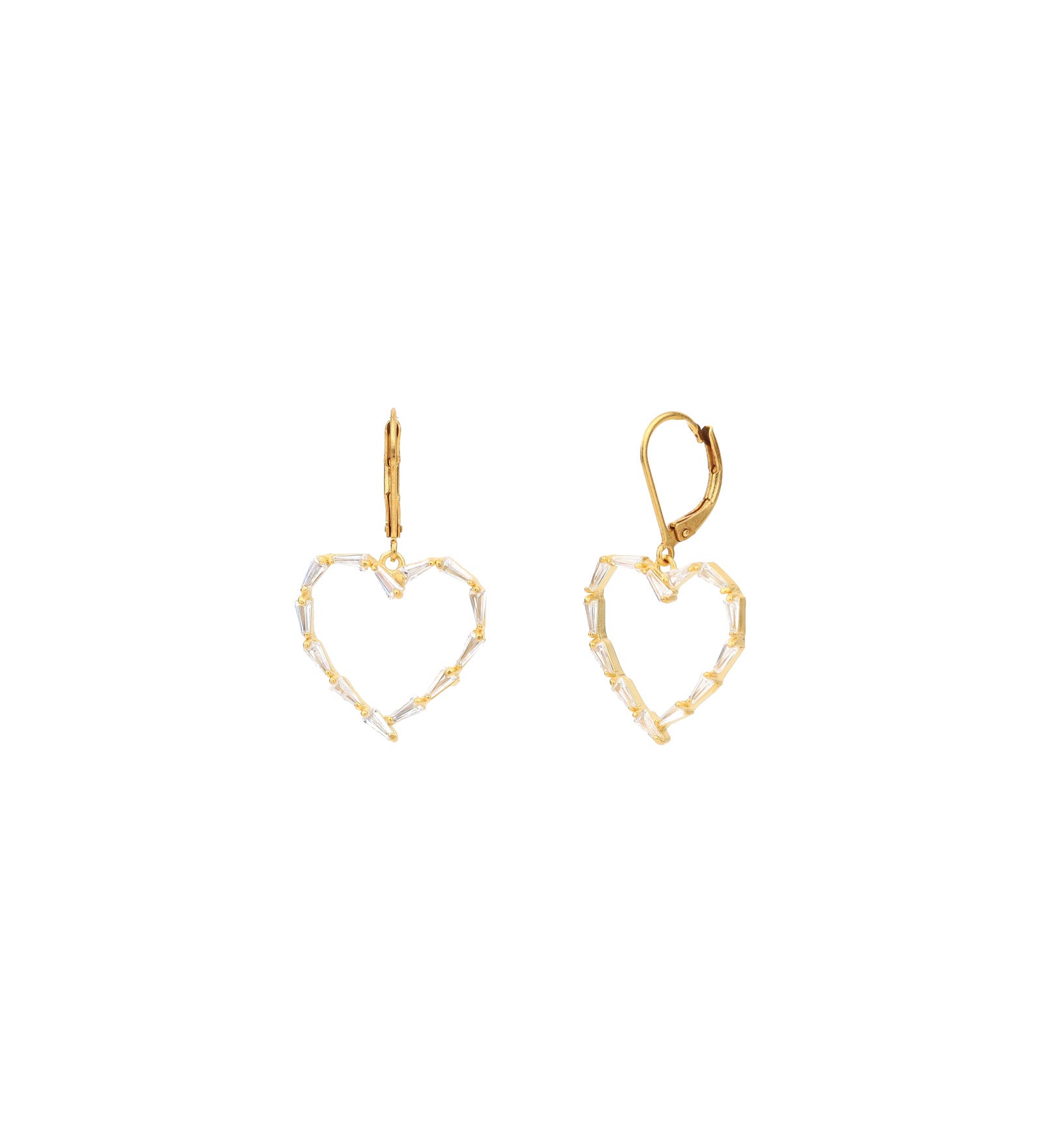 Baguette Heart Open Hooks 14k Gold Plated, White Crystal