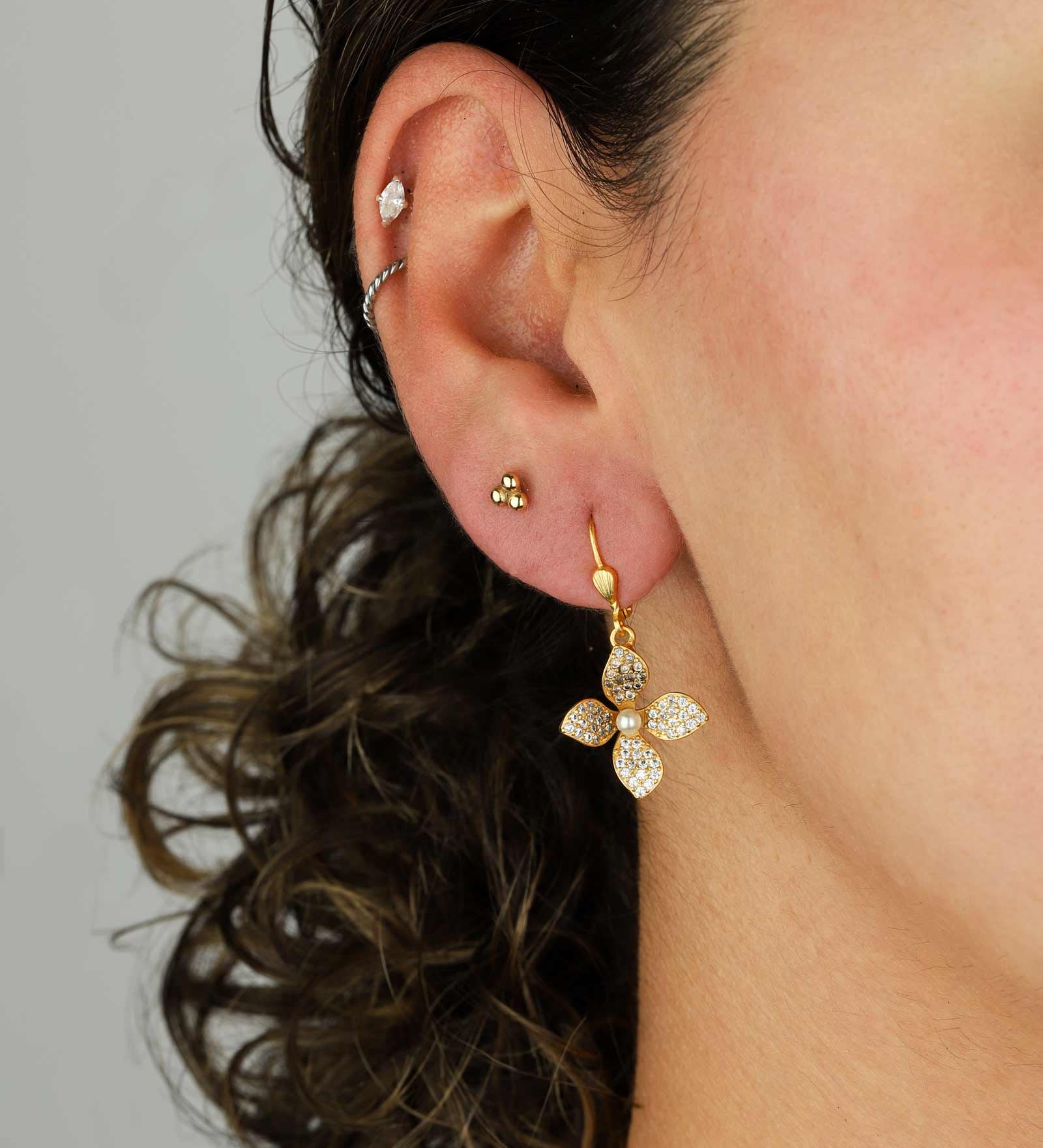 La Vie Parisienne-Pave Flower Pearl Hooks-Earrings-14k Gold Plated, White Crystal-Blue Ruby Jewellery-Vancouver Canada