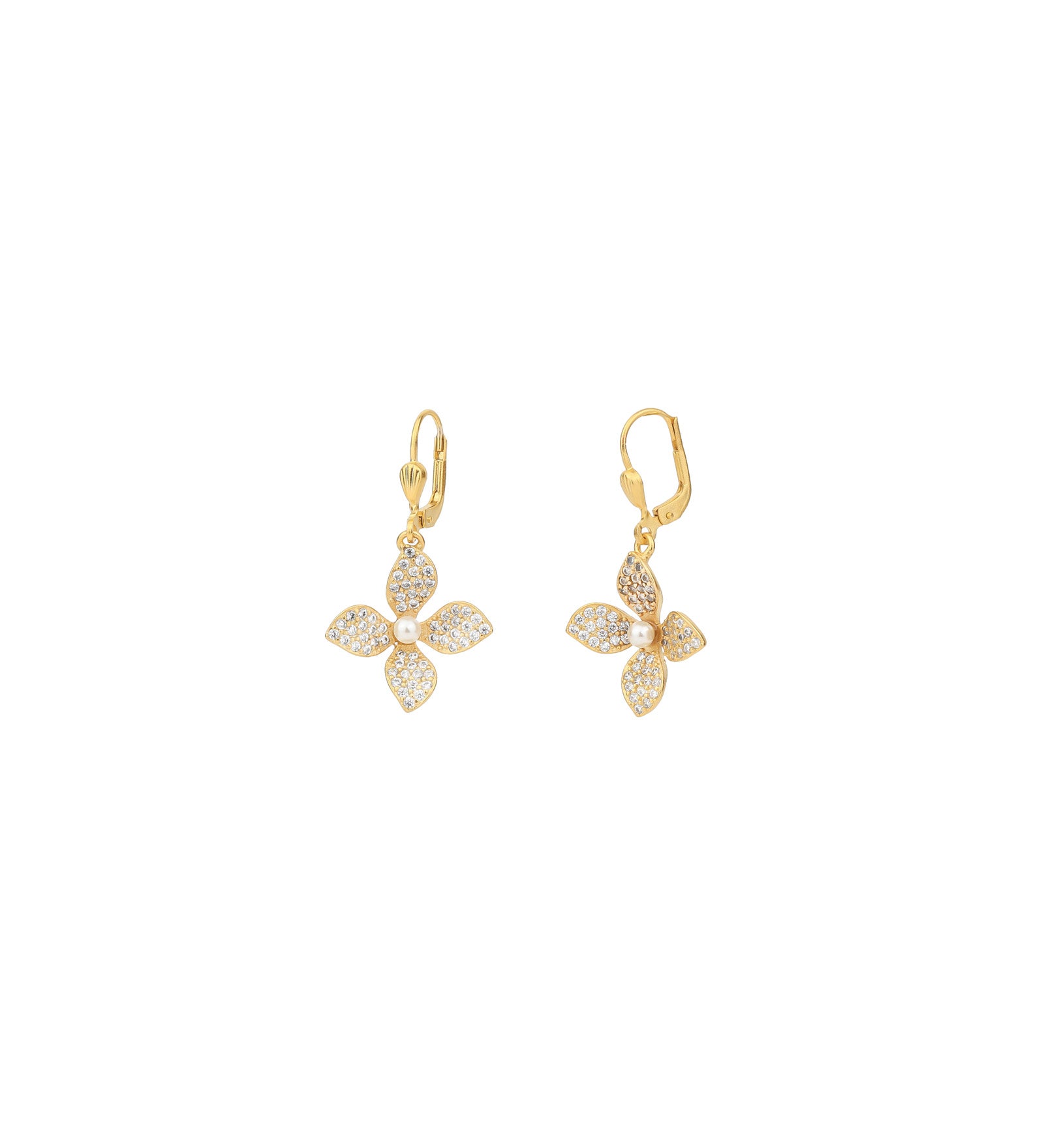 La Vie Parisienne-Pave Flower Pearl Hooks-Earrings-14k Gold Plated, White Crystal-Blue Ruby Jewellery-Vancouver Canada