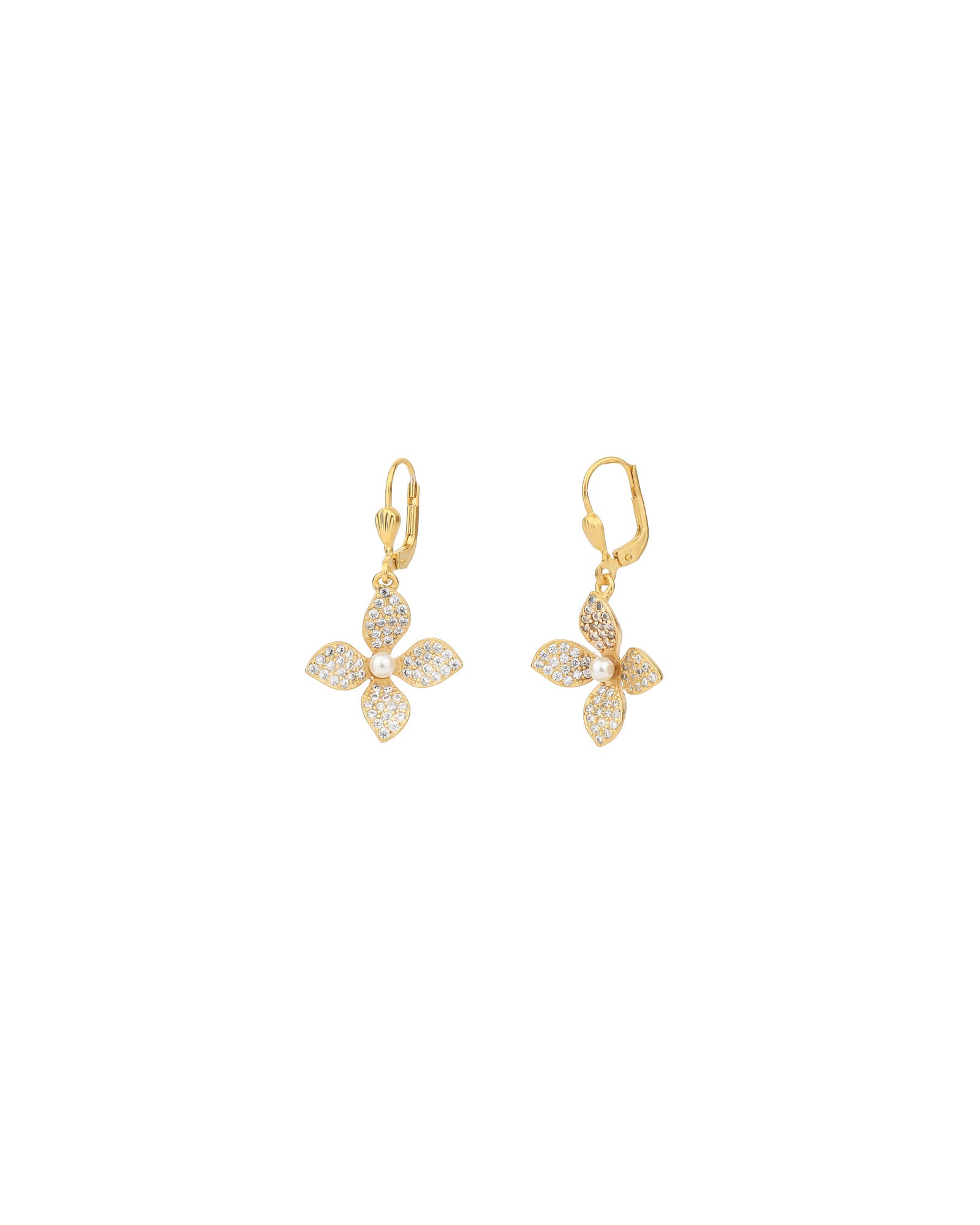 La Vie Parisienne-Pave Flower Pearl Hooks-Earrings-14k Gold Plated, White Crystal-Blue Ruby Jewellery-Vancouver Canada