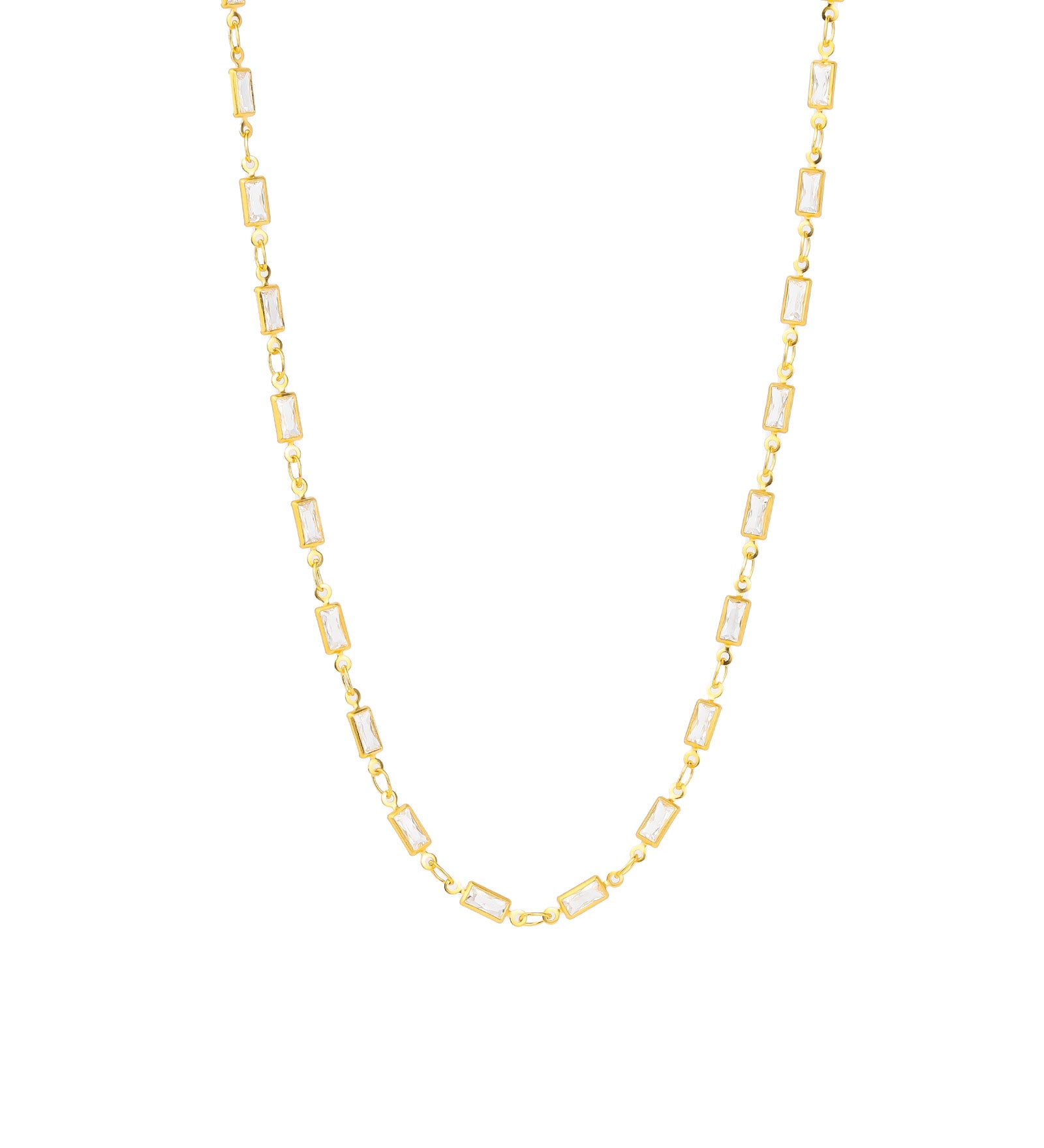 Baguette Station Necklace 14k Gold Plated, White Crystal