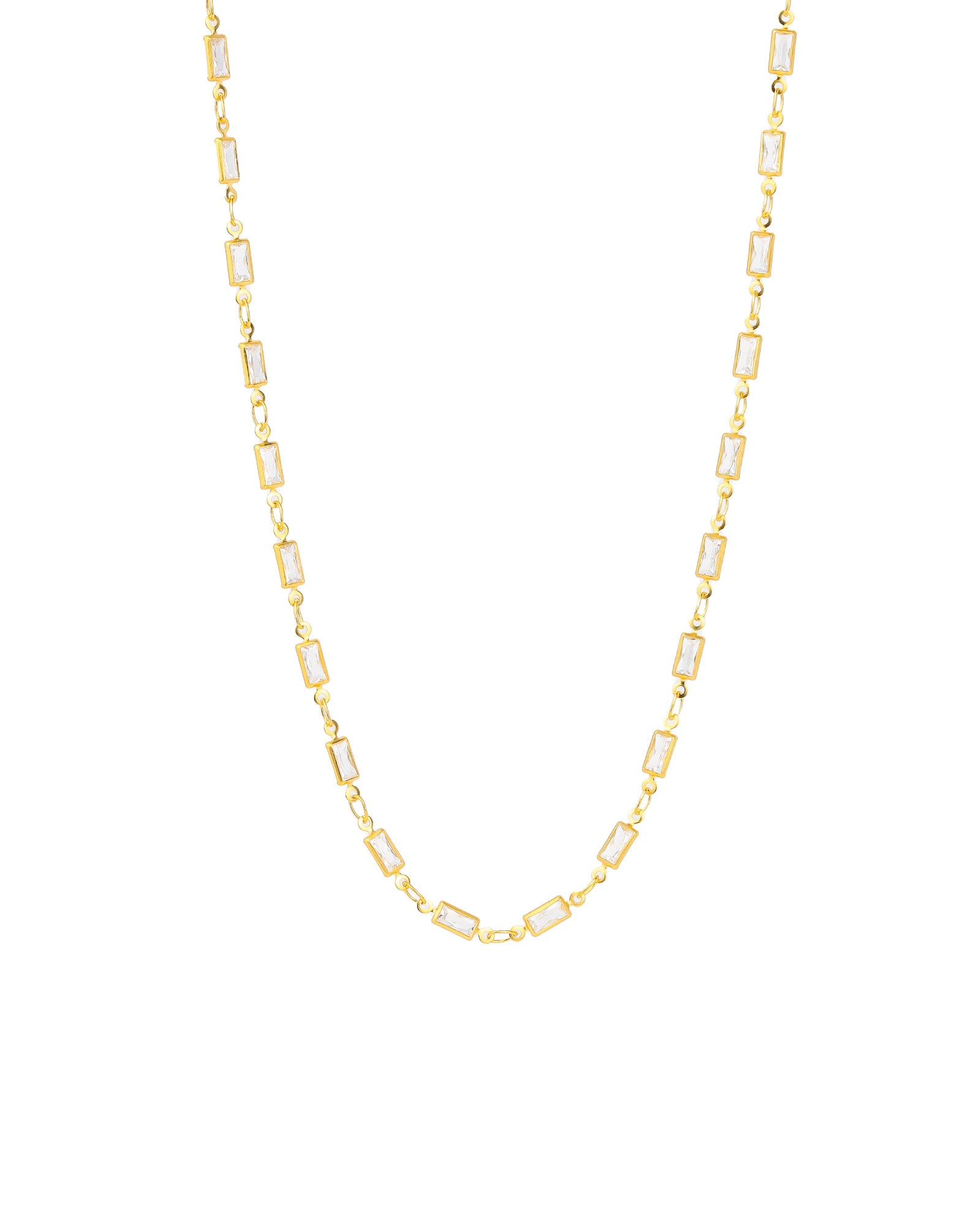 Baguette Station Necklace 14k Gold Plated, White Crystal