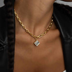 Square Crystal Drop Link Necklace 14k Gold Plated, White Crystal