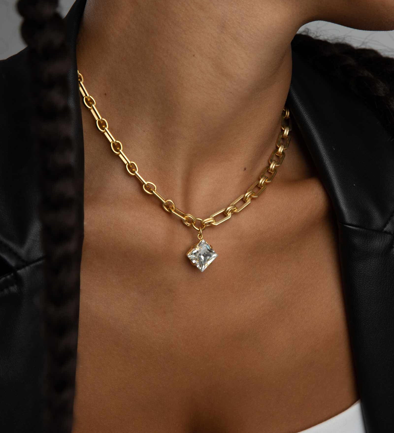 Square Crystal Drop Link Necklace 14k Gold Plated, White Crystal