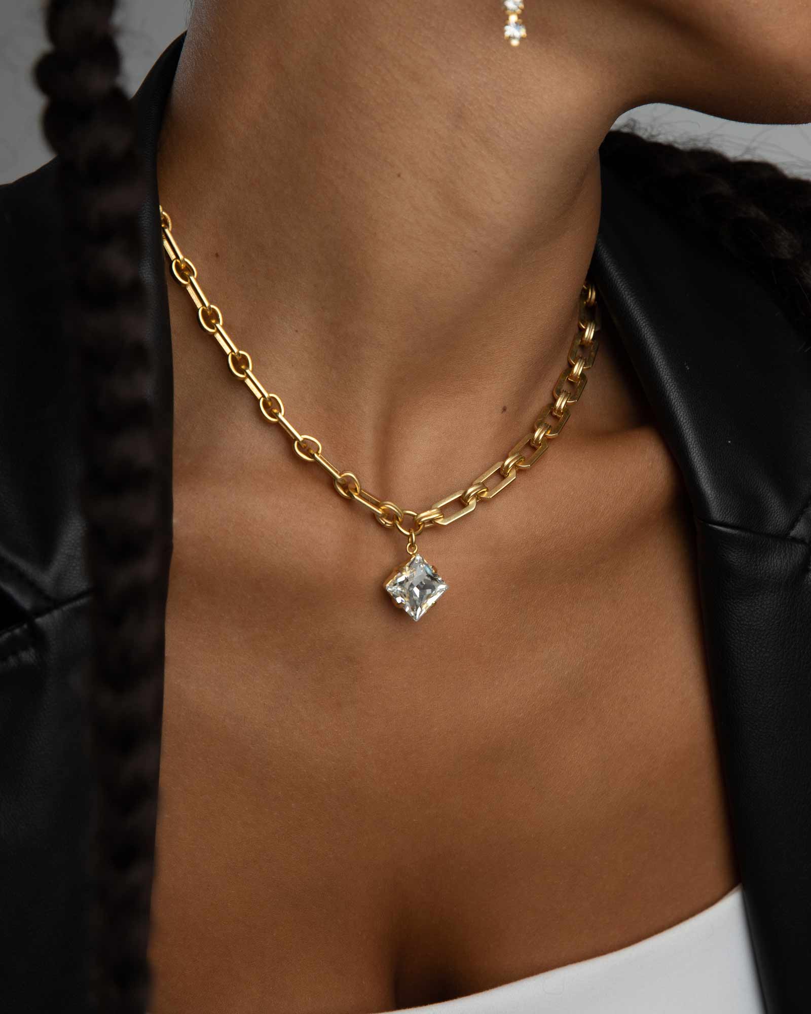 Square Crystal Drop Link Necklace 14k Gold Plated, White Crystal