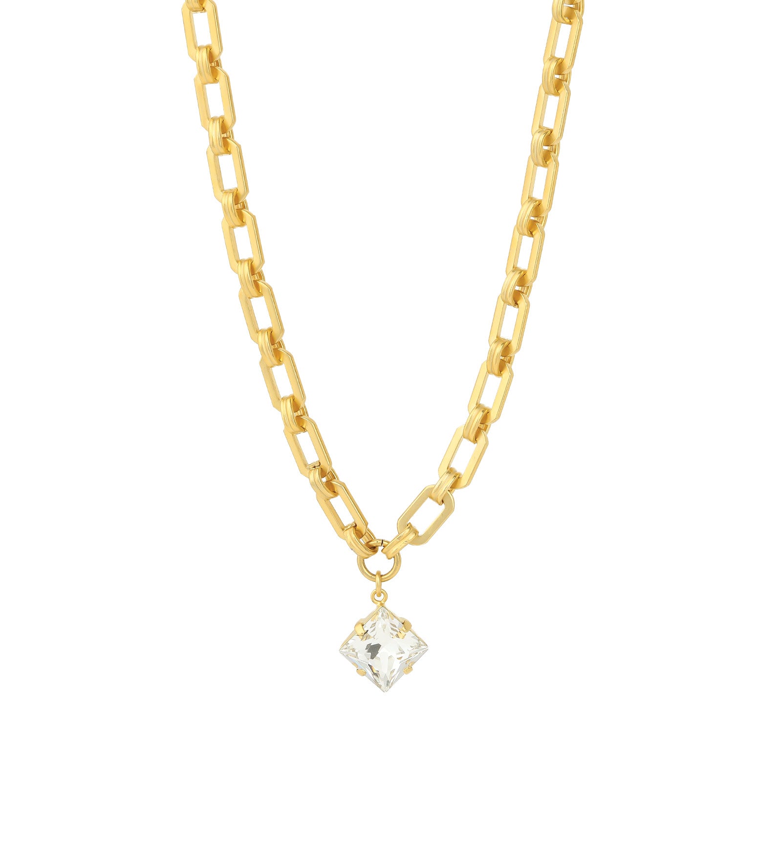 Square Crystal Drop Link Necklace 14k Gold Plated, White Crystal