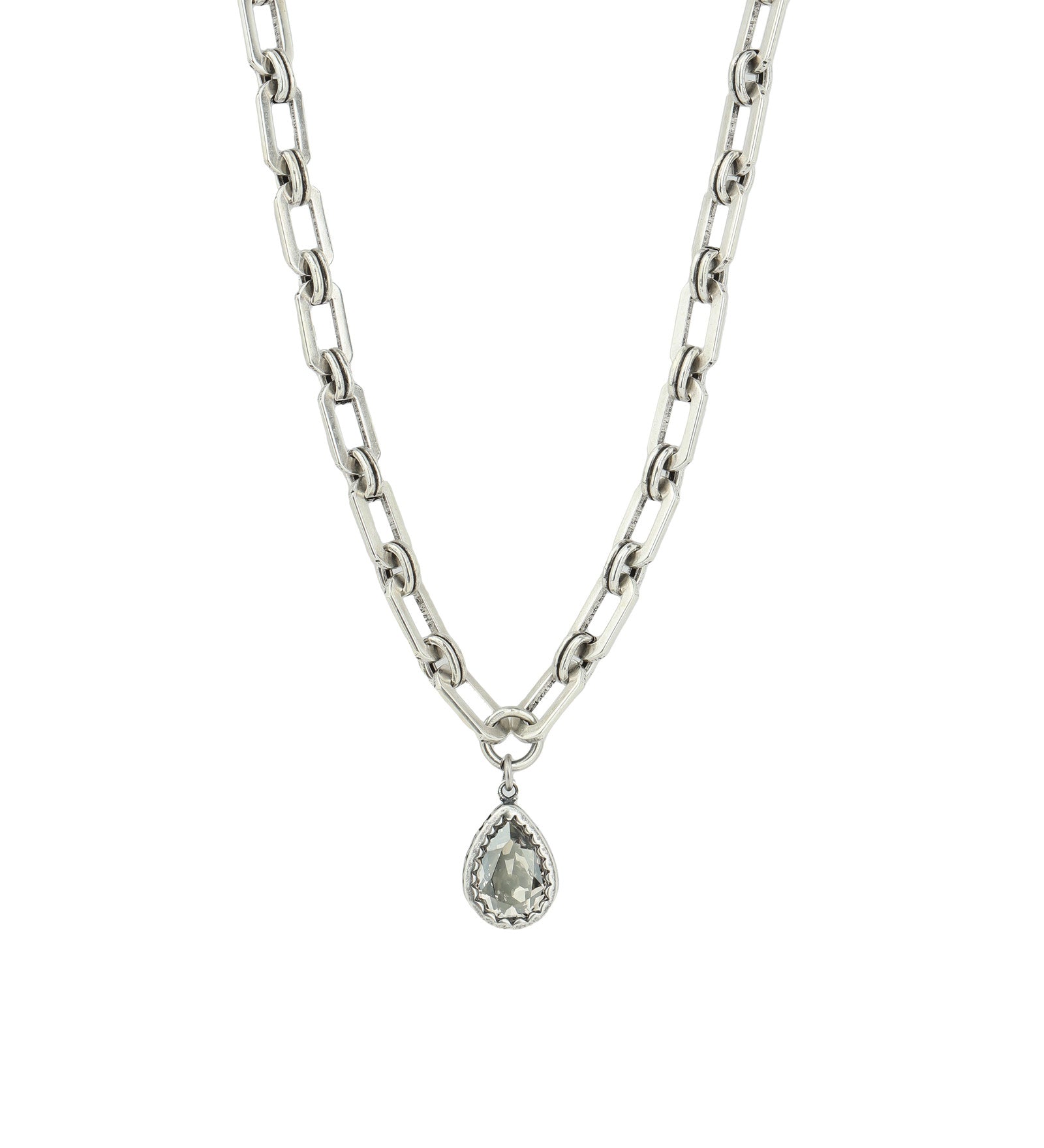 La Vie Parisienne-Large Teardrop Link Necklace-Necklaces-Silver Plated, Shade Crystal-Blue Ruby Jewellery-Vancouver Canada