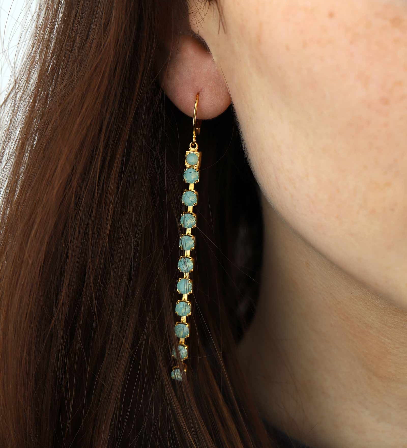 La Vie Parisienne-Long Medium Crystal Drop Hooks-Earrings-14k Gold Plated, Pacific Opal Crystal-Blue Ruby Jewellery-Vancouver Canada