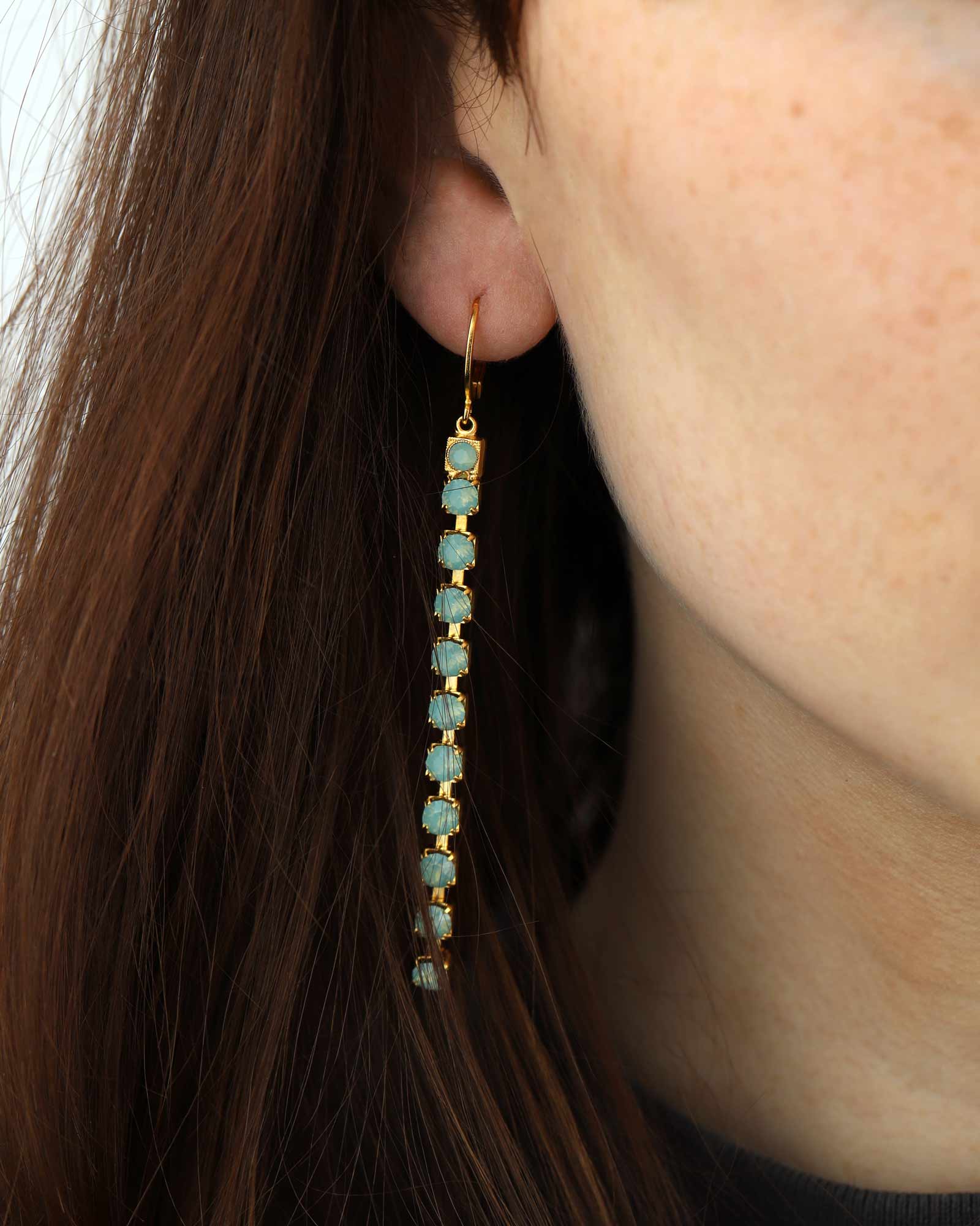 La Vie Parisienne-Long Medium Crystal Drop Hooks-Earrings-14k Gold Plated, Pacific Opal Crystal-Blue Ruby Jewellery-Vancouver Canada