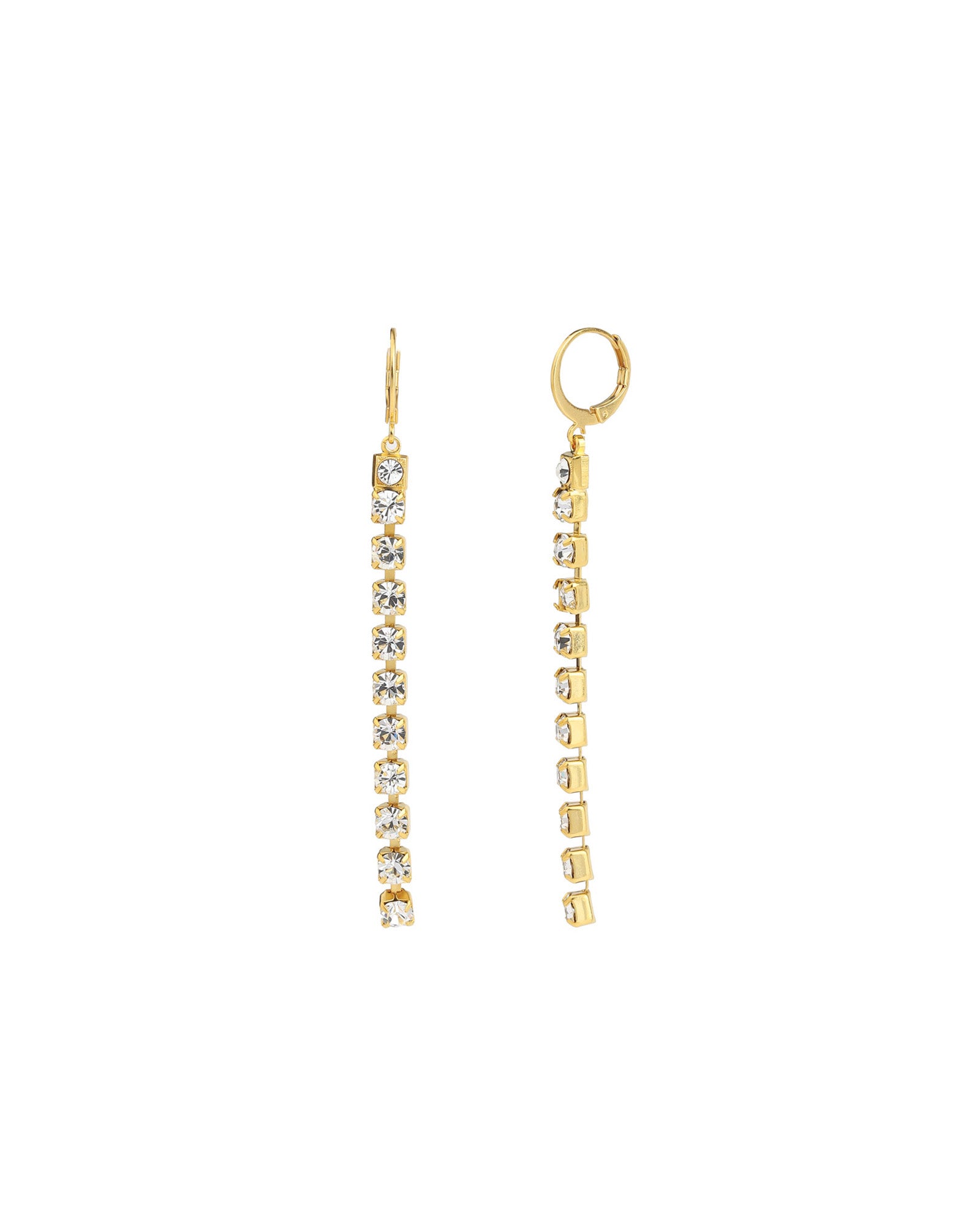 La Vie Parisienne-Long Medium Crystal Drop Hooks-Earrings-14k Gold Plated, White Crystal-Blue Ruby Jewellery-Vancouver Canada