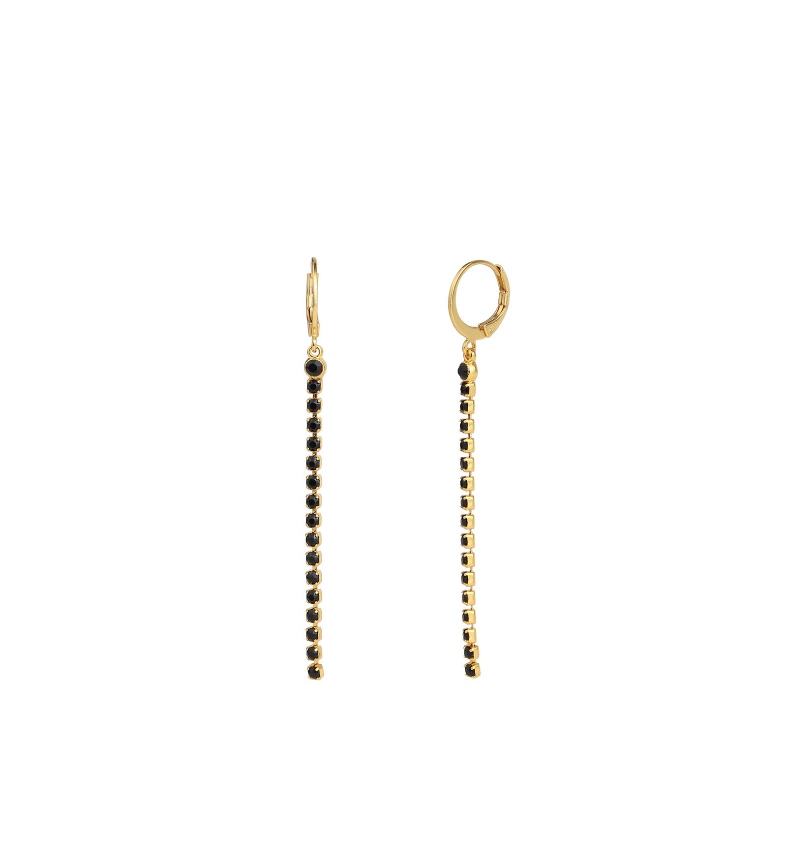 La Vie Parisienne-Long Small Crystal Drop Hooks-Earrings-14k Gold Plated, Black Crystal-Blue Ruby Jewellery-Vancouver Canada